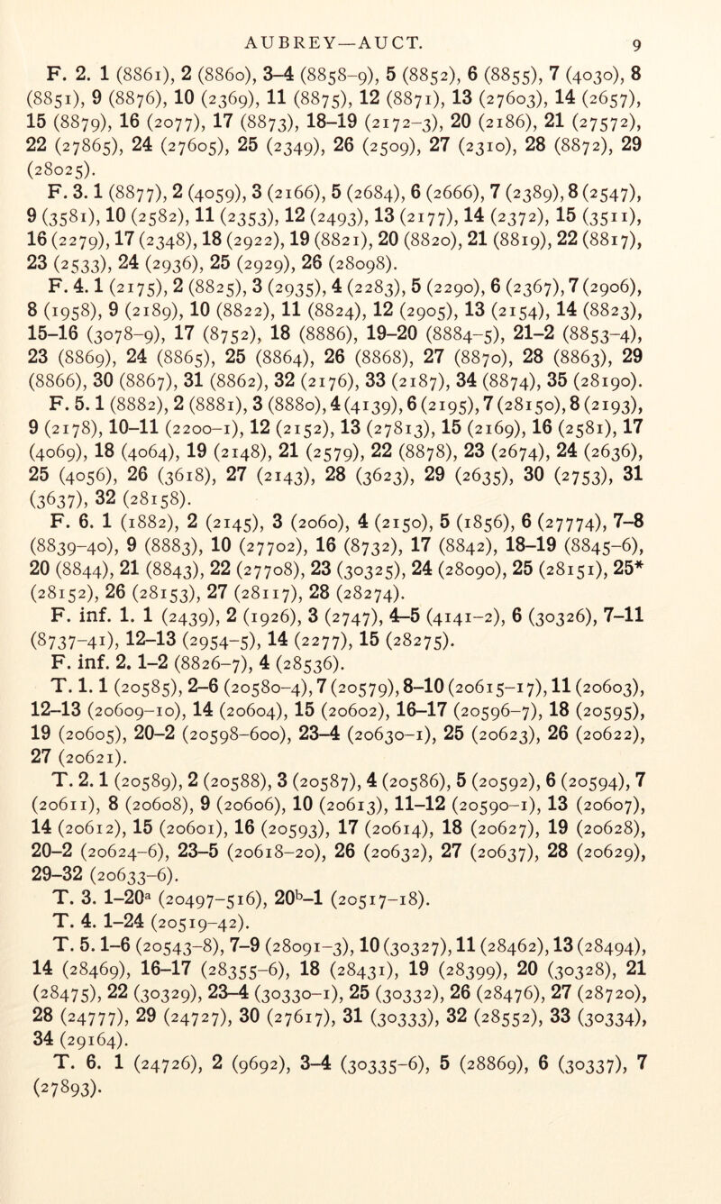 F. 2. 1 (886i), 2 (886o), 3-4 (8858-9), 5 (8852), 6 (8855), 7 (4030), 8 (8851), 9 (8876), 10 (2369), 11 (8875), 12 (8871), 13 (27603), 14 (2657), 15 (8879), 16 (2077), 17 (8873), 18-19 (2172-3), 20 (2186), 21 (27572), 22 (27865), 24 (27605), 25 (2349), 26 (2509), 27 (2310), 28 (8872), 29 (28025). F. 3.1 (8877), 2 (4059), 3 (2166), 5 (2684), 6 (2666), 7 (2389), 8 (2547), 9 (3581), 10 (2582), 11 (2353), 12 (2493), 13 (2177), 14 (2372), 15 (3511), 16 (2279), 17 (2348), 18 (2922), 19 (8821), 20 (8820), 21 (8819), 22 (8817), 23 (2533), 24 (2936), 25 (2929), 26 (28098). F. 4.1 (2175), 2 (8825), 3 (2935), 4 (2283), 5 (2290), 6 (2367), 7(2906), 8 (1958), 9 (2189), 10 (8822), 11 (8824), 12 (2905), 13 (2154), 14 (8823), 15-16 (3078-9), 17 (8752), 18 (8886), 19-20 (8884-5), 21-2 (8853-4), 23 (8869), 24 (8865), 25 (8864), 26 (8868), 27 (8870), 28 (8863), 29 (8866), 30 (8867), 31 (8862), 32 (2176), 33 (2187), 34 (8874), 35 (28190). F. 5.1 (8882), 2 (8881), 3 (8880),4(4139),6(2195),7(28150),8(2193), 9 (2178), 10-11 (2200-1), 12 (2152), 13 (27813), 15 (2169), 16 (2581), 17 (4069), 18 (4064), 19 (2148), 21 (2579), 22 (8878), 23 (2674), 24 (2636), 25 (4056), 26 (3618), 27 (2143), 28 (3623), 29 (2635), 30 (2753), 31 (3637), 32 (28158). F. 6. 1 (1882), 2 (2145), 3 (2060), 4 (2150), 5 (1856), 6 (27774), 7-8 (8839-40), 9 (8883), 10 (27702), 16 (8732), 17 (8842), 18-19 (8845-6), 20 (8844), 21 (8843), 22 (27708), 23 (30325), 24 (28090), 25 (28151), 25* (28152), 26 (28153), 27 (28117), 28 (28274). F. inf. 1. 1 (2439), 2 (1926), 3 (2747), 4-5 (4141-2), 6 (30326), 7-11 (8737-41), 12-13 (2954-5), 14 (2277), 15 (28275). F. inf. 2.1-2 (8826-7), 4 (28536). T. 1.1 (20585), 2-6 (20580-4), 7 (20579), 8-10 (20615-17), 11 (20603), 12-13 (20609-10), 14 (20604), 15 (20602), 16-17 (20596-7), 18 (20595), 19 (20605), 20-2 (20598-600), 23-4 (20630-1), 25 (20623), 26 (20622), 27 (20621). T. 2.1 (20589), 2 (20588), 3 (20587), 4 (20586), 5 (20592), 6 (20594), 7 (20611), 8 (20608), 9 (20606), 10 (20613), 11-12 (20590-1), 13 (20607), 14 (20612), 15 (20601), 16 (20593), 17 (20614), 18 (20627), 19 (20628), 20-2 (20624-6), 23-5 (20618-20), 26 (20632), 27 (20637), 28 (20629), 29-32 (20633-6). T. 3. 1-20® (20497-516), 20^^-! (20517-18). T. 4. 1-24 (20519-42). T. 5.1-6 (20543-8), 7-9 (28091-3), 10 (30327), 11 (28462), 13 (28494), 14 (28469), 16-17 (28355-6), 18 (28431), 19 (28399), 20 (30328), 21 (28475), 22 (30329), 23-4 (30330-1), 25 (30332), 26 (28476), 27 (28720), 28 (24777), 29 (24727), 30 (27617), 31 (30333), 32 (28552), 33 (30334), 34 (29164). T. 6. 1 (24726), 2 (9692), 3-4 (30335-6), 5 (28869), 6 (30337), 7 (27893)-