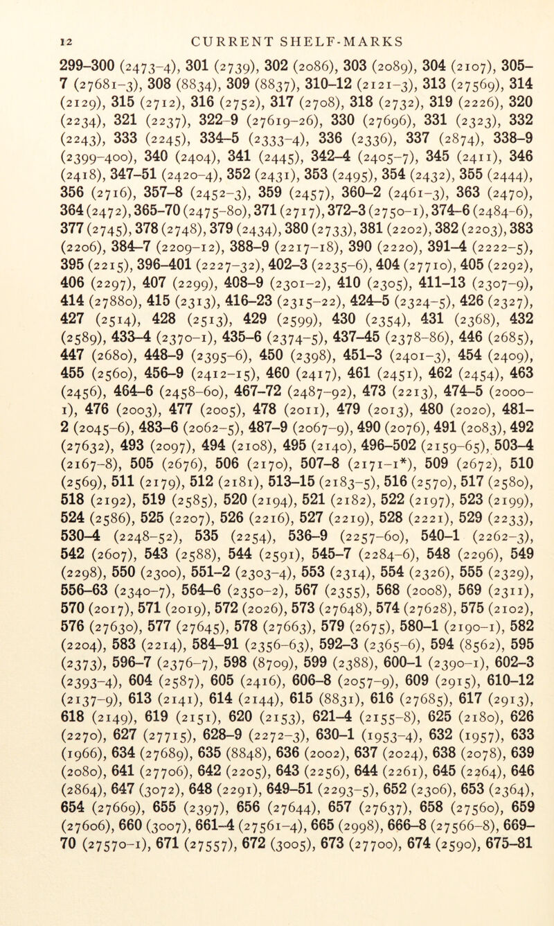 299-300 (2473-4), 301 (2739), 302 (2086), 303 (2089), 304 (2107), 305- 7 (27681-3), 308 (8834), 309 (8837), 310-12 (2121-3), 313 (27569), 314 (2129), 315 (2712), 316 (2752), 317 (2708), 318 (2732), 319 (2226), 320 (2234), 321 (2237), 322-9 (27619-26), 330 (27696), 331 (2323), 332 (2243), 333 (2245), 334-5 (2333-4), 336 (2336), 337 (2874), 338-9 (2399-400), 340 (2404), 341 (2445), 342-4 (2405-7), 345 (2411), 346 (2418), 347-51 (2420-4), 352 (2431), 353 (2495), 354 (2432), 355 (2444), 356 (2716), 357-8 (2452-3), 359 (2457), 360-2 (2461-3), 363 (2470), 364 (2472), 365-70 (2475-80), 371 (2717), 372-3 (2750-1), 374-6 (2484-6), 377 (2745), 378 (2748), 379 (2434), 380 (2733), 381 (2202), 382 (2203), 383 (2206), 384-7 (2209-12), 388-9 (2217-18), 390 (2220), 391-4 (2222-5), 395 (2215), 396—401 (2227-32), 402-3 (2235-6), 404 (27710), 405 (2292), 406 (2297), 407 (2299), 408-9 (2301-2), 410 (2305), 411-13 (2307-9), 414 (27880), 415 (2313), 416-23 (2315-22), 424-5 (2324-5), 426 (2327), 427 (2514), 428 (2513), 429 (2599), 430 (2354), 431 (2368), 432 (2589), 438-4 (2370-1), 435-6 (2374-5), 437-45 (2378-86), 446 (2685), 447 (2680), 448-9 (2395-6), 450 (2398), 451-3 (2401-3), 454 (2409), 455 (2560), 456—9 (2412-15), 460 (2417), 461 (2451), 462 (2454), 463 (2456), 464-6 (2458-60), 467-72 (2487-92), 473 (2213), 474-5 (2000- i), 476 (2003), 477 (2005), 478 (2011), 479 (2013), 480 (2020), 481- 2 (2045-6), 483-6 (2062-5), 487-9 (2067-9), (2076), 491 (2083), 492 (27632), 493 (2097), 494 (2108), 495 (2140), 496-502 (2159-65), 503-4 (2167-8), 505 (2676), 506 (2170), 507-8 (2171-1*), 509 (2672), 510 (2569), 511 (2179), 512 (2181), 513-15 (2183-5), (2570)5 517 (2580), 518 (2192), 519 (2585), 520 (2194), 521 (2182), 522 (2197), 523 (2199), 524 (2586), 525 (2207), 526 (2216), 527 (2219), 528 (2221 ), 529 (2233), 530-4 (2248-52), 535 (2254), 536-9 (2257-60), 540—1 (2262-3), 542 (2607), 543 (2588), 544 (2591), 545-7 (2284-6), 548 (2296), 549 (2298), 550 (2300), 551-2 (2303-4), 553 (2314), 554 (2326), 555 (2329), 556-63 (2340-7), 564-6 (2350-2), 567 (2355), 568 (2008), 569 (2311), 570 (2017), 571 (2019), 572 (2026), 573 (27648), 574 (27628), 575 (2102), 576 (27630), 577 (27645), 578 (27663), 579 (2675), 580-1 (2190-1), 582 (2204), 583 (2214), 584-91 (2356-63), 592-3 (2365-6), 594 (8562), 595 (2373), 596-7 (2376-7), 598 (8709), 599 (2388), 600-1 (2390-1), 602-3 (2393-4), 604 (2587), 605 (2416), 606-8 (2057-9), 609 (2915), 610-12 (2137-9), 613 (2141), 614 (2144), 615 (8831), 616 (27685), 617 (2913), 618 (2149), 619 (2151), 620 (2153), 621-4 (2155-8), 625 (2180), 626 (2270), 627 (27715), 628-9 (2272-3), 630-1 (1953-4), 632 (1957), 633 (1966), 634 (27689), 635 (8848), 636 (2002), 637 (2024), 638 (2078), 639 (2080), 641 (27706), 642 (2205), 643 (2256), 644 (2261), 645 (2264), 646 (2864), 647 (3072), 648 (2291), 649-51 (2293-5), 652 (2306), 653 (2364), 654 (27669), 655 (2397), 656 (27644), 657 (27637), 658 (27560), 659 (27606), 660 (3007), 661-4 (27561-4), 665 (2998), 666-8 (27566-8), 669- 70 (27570-1), 671 (27557), 672 (3005), 673 (27700), 674 (2590), 675-81