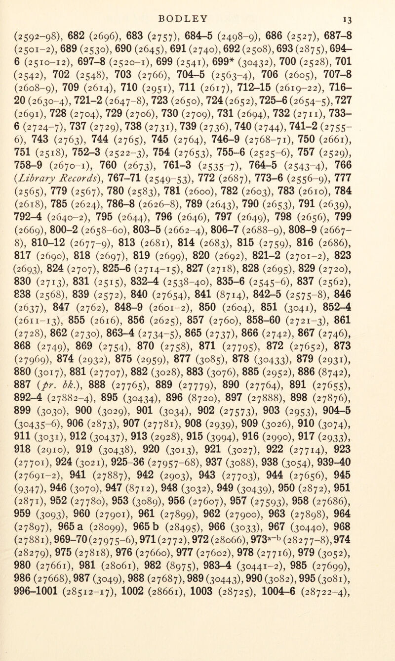 BODLEY (2592-98), 682 (2696), 683 (2757), 684-5 (2498-9), 686 (2527), 687-8 (2501-2), 689 (2530), 690 (2645), 691 (2740), 692 (2508), 693 (2875), 694^ 6 (2510-12), 697-8 (2520-1), 699 (2541), 699* (30432), 700 (2528), 701 (2542), 702 (2548), 703 (2766), 704-5 (2563-4), 706 (2605), 707-8 (2608-9), (2614), 710 (2951), 711 (2617), 712-15 (2619-22), 716- 20 (2630-4), 721-2 (2647-8), 723 (2650), 724 (2652), 725-6 (2654-5), 727 (2691), 728 (2704), 729 (2706), 730 (2709), 731 (2694), 732 (2711), 733- 6 (2724-7), 737 (2729), 738 (2731), 739 (2736), 740 (2744), 741-2 (2755- 6), 743 (2763), 744 (2765), 745 (2764), 746-9 (2768-71), 750 (2661), 751 (2518), 752-3 (2522-3), 754 (27653), 755-6 (2525-6), 757 (2529), 758-9 (2670-1), 760 (2673), 761-3 (2535-7), 764-5 (2543-4), 766 {^Library Records)^ 767-71 (2549-53), 772 (2687), 773-6 (2556-9), 777 (2565), 779 (2567), 780 (2583), 781 (2600), 782 (2603), 783 (2610), 784 (2618), 785 (2624), 786-8 (2626-8), 789 (2643), 790 (2653), 791 (2639), 792-4 (2640-2), 795 (2644), 796 (2646), 797 (2649), 798 (2656), 799 (2669), 800-2 (2658-60), 803-5 (2662-4), 806-7 (2688-9), 808-9 (2667- 8), 810-12 (2677-9), 813 (2681), 814 (2683), 815 (2759), 816 (2686), 817 (2690), 818 (2697), 819 (2699), 820 (2692), 821-2 (2701-2), 823 (2693), 824 (2707), 825-6 (2714-15), 827 (2718), 828 (2695), 829 (2720), 830 (2713), 831 (2515), 832-4 (2538-40), 835-6 (2545-6), 837 (2562), 838 (2568), 839 (2572), 840 (27654), 841 (8714), 842-5 (2575-8), 846 (2637), ^47 (2762), 848-9 (2601-2), 850 (2604), 851 (3041), 852-4 (2611-13), 855 (2616), 856 (2625), 857 (2760), 858-60 (2721-3), 861 (2728), 862 (2730), 863-4 (2734-5), 865 (2737), 866 (2742), 867 (2746), 868 (2749), 869 (2754), 870 (2758), 871 (27795), 872 (27652), 873 (27969), 874 (2932), 875 (2959), 877 (3085), 878 (30433), 879 (2931), 880 (3017), 881 (27707), 882 (3028), 883 (3076), 885 (2952), 886 (8742), 887 {pr. bk), 888 (27765), 889 (27779), 890 (27764), 891 (27655), 892-4 (27882-4), 895 (30434), 896 (8720), 897 (27888), 898 (27876), 899 (3030), 900 (3029), 901 (3034), 902 (27573), 903 (2953), 904-5 (30435-6), 906 (2873), 907 (27781), 908 (2939), 909 (3026), 910 (3074), 911 (3031), 912 (30437), 913 (2928), 915 (3994), 916 (2990), 917 (2933), 918 (2910), 919 (30438), 920 (3013), 921 (3027), 922 (27714), 923 (27701), 924 (3021), 925-36 (27957-68), 937 (3088), 938 (3054), 939-40 (27691-2), 941 (27887), 942 (2903), 943 (27703), 944 (27656), 945 (9347), 946 (3070), 947 (8712), 948 (3032), 949 (30439), 950 (2872), 951 (2871), 952 (27780), 953 (3089), 956 (27607), 957 (27593), 958 (27686), 959 (3093), 960 (27901), 961 (27899), 962 (27900), 963 (27898), 964 (27897), 965 a (28099), 965 b (28495), 966 (3033), 967 (30440), 968 (27881), 969-70(2 7975-6), 971(2772), 972 (28066), 973^“'^ (28277-8), 974 (28279), 975 (27818), 976 (27660), 977 (27602), 978 (27716), 979 (3052), 980 (27661), 981 (28061), 982 (8975), 983-4 (30441-2), 985 (27699), 986 (27668), 987 (3049), 988 (27687), 989 (30443), 990 (3082), 995 (3081), 996-1001 (28512-17), 1002 (28661), 1003 (28725), 1004-6 (28722-4),