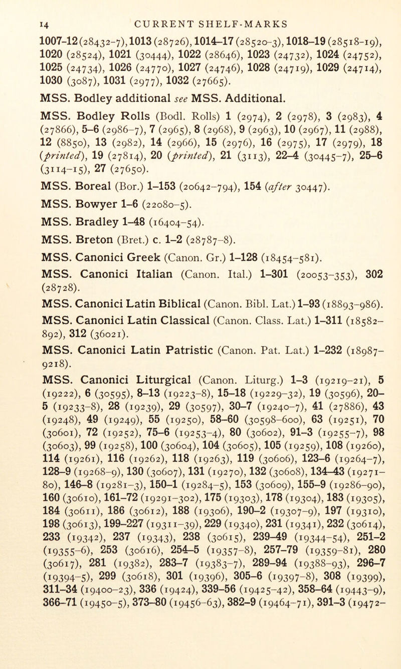 1007-12 (28432-7), 1013 (28726), 1014-17 (28520-3), 1018-19 (28518-19), 1020 (28524), 1021 (30444), 1022 (28646), 1023 (24732), 1024 (24752), 1025 (24734), 1026 (24770), 1027 (24746), 1028 (24719), 1029 (24714), 1030 (3087), 1031 (2977), 1032 (27665). MSS. Bodley additional see MSS. Additional. MSS. Bodley Rolls (Bodl. Rolls) 1 (2974), 2 (2978), 3 (2983), 4 (27866), 5-6 (2986-7), 7 (2965), 8 (2968), 9 (2963), 10 (2967), 11 (2988), 12 (8850), 13 (2982), 14 (2966), 15 (2976), 16 (2975), 17 (2979X 18 {printed)^ 19 (27814), 20 {printed)^ 21 (3113), 22-4 (30445-7), 25-6 (3114-15), 27 (27650). MSS. Boreal (Bor.) 1-153 (20642-794), 154 {after 30447). MSS. Bowyer 1-6 (22080-5). MSS. Bradley 1-48 (16404-54). MSS. Breton (Bret.) c. 1-2 (28787-8). MSS. Canonici Greek (Canon. Gr.) 1-128 (18454-581). MSS. Canonici Italian (Canon. Ital.) 1-301 (20053-353), 302 (28728). MSS. Canonici Latin Biblical (Canon. Bibl. Lat.) 1-93 (18893-986). MSS. Canonici Latin Classical (Canon. Class. Lat.) 1-311 (18582- 892), 312 (36021). MSS. Canonici Latin Patristic (Canon. Pat. Lat.) 1-232 (18987- 9218). MSS. Canonici Liturgical (Canon. Liturg.) 1-3 (19219-21), 5 (19222), 6 (30595), 8-13 (19223-8), 15-18 (19229-32), 19 (30596), 20- 5 28 (;9.39). 29 (30597), 30-7 IfH 41 (.ySsS, 43 (19248), 49 (19249) 55 (19250), 58-60 (30598-600), 63 (19251), 70 (30601), 72 (19252), 75-6 (19253-4), 80 (30602), 91-3 (19255-7), 98 (30603), 99 (19258), 100 (30604), 104 (30605), 105 (19259), 108 (19260), 114 (19261), 116 (19262), 118 (19263), 119 (30606), 123-6 (19264-7), 128-9 (19268-9), 130 (30607), 131 (19270), 132 (30608), 134-43 (19271- 80), 146—8 (19281-3), 150-1 (19284-5), 153 (30609), 155-9 (19286-90), 160 (30610), 161-72 (19291-302), 175 (19303), 178 (19304), 183 (19305), 184 (30611), 186 (30612), 188 (19306), 190-2 (19307-9), 197 (19310), 198 (30613), 199-227 (19311-39), 229 (19340), 231 (19341), 232 (30614), 233 (19342), 237 (19343), 238 (30615), 239-49 (19344-54), 251-2 (19355-6), 253 (30616), 254-5 (19357-8), 257-79 (19359-81), 280 (30617), 281 (19382), 283-7 (19383-7), 289-94 (19388-93), 296-7 (19394-5), 299 (30618), 301 (19396), 305-6 (19397-8), 308 (19399), 311-34 (19400-23), 336 (19424), 339-56 (19425-42), 358-64 (19443-9), 366-71 (19450-5), 373-80 (19456-63), 382-9 (19464-71), 391-3 (19472-