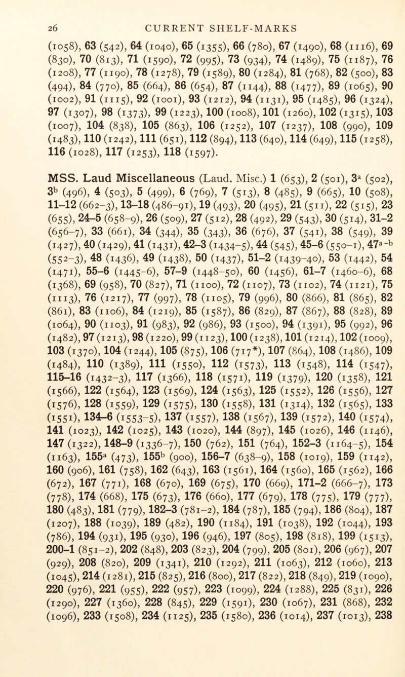 (1058), 63 (542), 64 (1040), 65 (1355), 66 (780), 67 (1490), 68 (1116), 69 (830), 70 (813), 71 (1590), 72 (995), 73 (934), 74 (1489), 75 (1187), 76 (1208), 77 (1190), 78 (1278), 79 (1589), 80 (1284), 81 (768), 82 (500), 83 (494), 84 (770), 85 (664), 86 (654), 87 (1144), 88 (i477)> 89 (1065), 90 (1002), 91 (1115), 92 (1001), 93 (1212), 94 (1131), 95 (1485), 96 (1324), 97 (1307), 98 (1373), 99 (1223), 100 (1008), 101 (1260), 102 (1315), 103 (1007), 104 (838), 105 (863), 106 (1252), 107 (1237), 108 (990), 109 (1483), 110 (1242), 111 (651), 112 (894), 113 (640), 114 (649), 115 (1258), 116 (1028), 117 (1253), 118 (1597). MSS. Laud Miscellaneous (Laud. Misc.) 1 (653), 2 (501), 3^ (502), 3b (496), 4 (503), 5 (499), 6 (769), 7 (513), 8 (485), 9 (665), 10 (508), 11-12 (662-3), 13-18 (486-91), 19 (493), 20 (495X 21 (511), 22 (515), 23 (655), 24-5 (658-9), 26 (509), 27 (512), 28 (492), 29 (543), 30 (514), 31-2 (656-7), 33 (661), 34 (344X 35 (343), 36 (676), 37 (541), 38 (549), 39 (1427), 40 (1429), 41 (1431), 42-3 (1434-5), 44 (545), 45-6 (550-1), 47^-^ (552-3), 48 (1436), 49 (1438), 50 (1437), 51-2 (1439-40), 53 (1442), 54 (1471), 55-6 (1445-6), 57-9 (1448-50), 60 (1456), 61-7 (1460-6), 68 (1368), 69 (958), 70 (827), 71 (1100), 72 (1107), 73 (1102), 74 (1121), 75 (1113), 76 (1217), 77 (997), 78 (1105), 79 (996), 80 (866), 81 (865), 82 (861), 83 (1106), 84 (1219), 85 (1587), 86 (829), 87 (867), 88 (828), 89 (1064), 90 (1103), 91 (983), 92 (986), 93 (1500), 94 (1391), 95 (992), 96 (1482), 97 (1213), 98 (1220), 99 (1123), 100 (1238), 101 (1214), 102 (1009), 103 (1370), 104 (1244), 105 (875), 106 (717*), 107 (864), 108 (i486), 109 (1484), 110 (1389), 111 (1550), 112 (1573), 113 (1548), 114 (1547), 115-16 (1432-3), 117 (1366), 118 (1571), 119 (1379), 120 (1358), 121 (1566), 122 (1564), 123 (1569), 124 (1563), 125 (1552), 126 (1556), 127 (1576), 128 (1559), 129 (1575), 130 (1558), 131 (1314), 132 (1565), 133 (1551), 134-6 (1553-5), 137 (1557), 138 (1567), 139 (1572), 140 (1574), 141 (1023), 142 (1025), 143 (1020), 144 (897), 145 (1026), 146 (1146), 147 (1322), 148-9 (1336-7), 150 (762), 151 (764), 152-3 (1164-5), 154 (1163), 155^ (473), 155b (900), 156-7 (638-9), 158 (1019), 159 (1142), 160 (906), 161 (758), 162 (643), 163 (1561), 164 (1560), 165 (1562), 166 (672), 167 (771), 168 (670), 169 (675), 170 (669), 171-2 (666-7), 173 (778), 174 (668), 175 (673), 176 (660), 177 (679), 178 (775), 179 (777), 180 (483), 181 (779), 182-3 (781-2), 184 (787), 185 (794), 186 (804), 187 (1207), 188 (1039), 139 (482), 190 (1184), 191 (1038), 192 (1044), 193 (786), 194 (931), 195 (930), 196 (946), 197 (805), 198 (818), 199 (1513), 200-1 (851-2), 202 (848), 203 (823), 204 (799), 205 (801), 206 (967), 207 (929), 208 (820), 209 (1341), 210 (1292), 211 (1063), 212 (1060), 213 (1045), 214 (1281), 215 (825), 216 (800), 217 (822), 218 (849), 219 (1090), 220 (976), 221 (955), 222 (957), 223 (1099), 224 (1288), 225 (831), 226 (1290), 227 (1360), 228 (845), 229 (1591), 230 (1067), 231 (868), 232 (1096), 233 (1508), 234 (1125), 235 (1580), 236 (1014), 237 (1013), 238