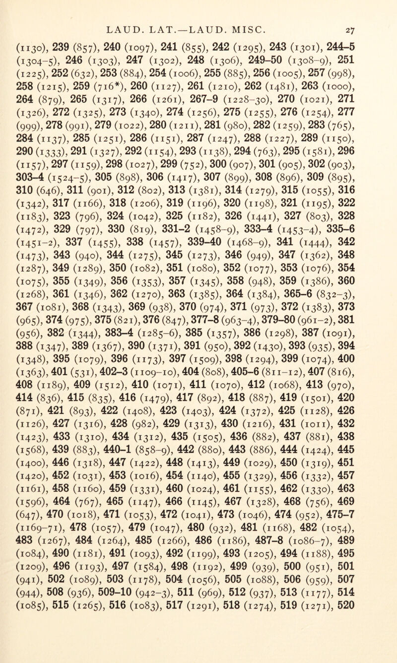 (1130), 239 (857), 240 (1097), 241 (855), 242 (1295), 243 (1301), 244-5 (1304-5), 246 (1303), 247 (1302), 248 (1306), 249-50 (1308-9), 251 (1225), 252 (632), 253 (884), 254 (1006), 255 (885), 256 (1005), 257 (998), 258 (1215), 259 (716*), 260 (1127), 261 (1210), 262 (1481), 263 (1000), 264 (879), 265 (1317), 266 (1261), 267-9 (1228-30), 270 (1021), 271 (1326), 272 (1325), 273 (1340), 274 (1256), 275 (1255), 276 (1254), 277 (999), 278 (991), 279 (1022), 280 (1211), 281 (980), 282 (1259), 283 (765), 284 (1137), 285 (1251), 286 (1151), 287 (1247), 288 (1227), 289 (1150), 290 (1333), 291 (1327), 292 (1154), 293 (1138X 294 (763), 295 (1581), 296 (1157), 297 (1159), 298 (1027), 299 (752), 300 (907), 301 (905), 302 (903), 303-4 (1524-5), 305 (898), 306 (1417), 307 (899), 308 (896), 309 (895), 310 (646), 311 (901), 312 (802), 313 (1381), 314 (1279), 915 (1055), 316 (1342), 317 (1166), 318 (1206), 319 (1196), 320 (1198), 321 (1195), 322 (1183), 323 (796), 324 (1042), 325 (1182), 326 (1441), 327 (803), 328 (1472), 329 (797), 330 (819), 331-2 (1458-9), 333-4 (1453-4), 335-6 (1451-2), 337 (1455), 338 (1457), 339-40 (1468-9), 341 (1444), 342 (1473), 943 (940), 344 (1275), 345 (1273), 346 (949), 347 (1362), 348 (1287), 349 (1289), 350 (1082), 351 (1080), 352 (1077), 353 (1076), 354 (1075), 355 (1349), 956 (1353), 357 (1345), 958 (948), 359 (1386), 360 (1268), 361 (1346), 362 (1270), 363 (1385), 364 (1384), 365-6 (832-3), 367 (1081), 368 (1343), 969 (938), 370 (974), 371 (973), 372 (1383), 373 (965), 374 (975), 375 (821), 376 (847), 377-8 (963-4), 379-80 (961-2), 381 (956), 382 (1344), 983-4 (1285-6), 385 (1357), 386 (1298), 387 (1091), 988 (1347), 989 (1367), 390 (1371), 391 (950), 392 (1430), 393 (935), 394 (1348), 395 (1079), 396 (1173), 397 (1509), 398 (1294), 399 (1074), 400 (1363), 401 (531), 402-3 (i 109-10), 404 (808), 405-6 (811-12), 407 (816), 408 (1189), 409 (1512), 410 (1071), 411 (1070), 412 (1068), 413 (970), 414 (836), 415 (835), 416 (1479), 417 (892), 418 (887^ 419 (1501), 420 (871), 421 (893), 422 (1408), 423 (1403), 424 (1372), 425 (1128), 426 (1126), 427 (1316), 428 (982), 429 (1313), 430 (1216), 431 (loii), 432 (1423), 433 (1310), 434 (1312), 435 (1505), 436 (882), 437 (881), 438 (1568), 439 (883), 440-1 (858-9), 442 (880^ 443 (886), 444 (1424), 445 (1400), 446 (1318), 447 (1422), 448 (1413), 449 (1029), 450 (1319), 451 (1420), 452 (1031), 453 (1016), 454 (1140), 455 (1329), 456 (1332), 457 (1161), 458 (1160), 459 (1331), 460 (1024), 461 (1155), 462 (1330), 463 (1596), 464 (767), 465 (1147)? 466 (1145), 467 (1328), 468 (756), 469 (647), 470 (1018), 471 (1053X 472 (1041), 473 (1046), 474 (952), 475-7 (1169-71), 478 (1057), 479 (1047), 480 (932), 481 (1168), 482 (1054), 483 (1267), 484 (1264), 485 (1266), 486 (1186), 487-8 (1086-7), (1084), 490 (1181), 491 (1093), 492 (1199), 493 (1205), 494 (1188), 495 (1209), 496 (1193), 497 (1584), 498 (1192), 499 (939), 500 (951), 501 (941), 502 (1089), 503 (1178), 504 (1056), 505 (1088), 506 (959), 507 (944), 508 (936), 509-10 (942-3), 511 (969), 512 (937), 513 (1177), 514 (1085), (1265), 516 (1083), 517 (1291), 518 (1274), 519 (1271), 520