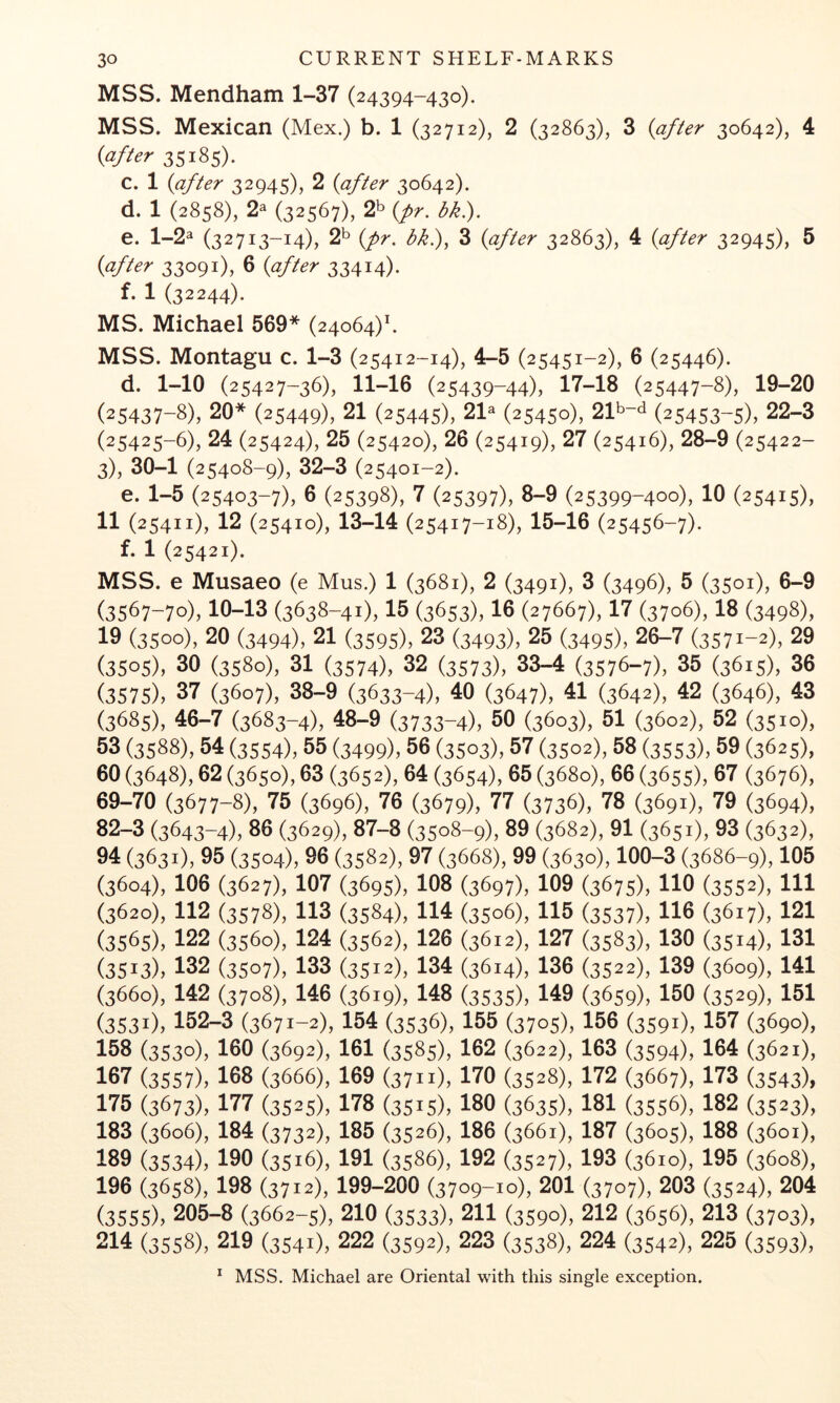 MSS. Mendham 1-37 (24394-430). MSS. Mexican (Mex.) b. 1 (32712), 2 (32863), 3 {after 30642), 4 {after 35185). C. 1 {after 32045), 2 {after 30642). d. 1 (2858), 2^ {3>2S^l), 2b {pr. bk). e. 1-2^ (32713-14), 2b {pr. bk), 3 {after 32863), 4 {after 32945), 5 {after 33091), 6 {after 33414)- f. 1 (32244). MS. Michael 569* (24064)'. MSS. Montagu c. 1-3 (25412-14), 4-5 (25451-2), 6 (25446). d. 1-10 (25427-36), 11-16 (25439-44), 17-18 (25447-8), 19-20 (25437-8), 20* (25449), 21 (25445), 21^ (25450), 21b-d (25453-5), 22-3 (25425-6), 24 (25424), 25 (25420), 26 (25419), 27 (25416), 28-9 (25422- 3), 30-1 (25408-9), 32-3 (25401-2). e. 1-5 (25403-7), 6 (25398), 7 (25397), 8-9 (25399-400), 10 (25415), 11 (25411), 12 (25410), 13-14 (25417-18), 15-16 (25456-7). f. 1 (25421). MSS. e Musaeo (e Mus.) 1 (3681), 2 (3491), 3 (3496), 5 (3501), 6-9 (3567-70), 10-13 (3638-41), 15 (3653), 16 (27667), 17 (3706), 18 (3498), 19 (3500), 20 (3494), 21 (3595), 23 (3493)> 25 (3495), 26-7 (3571-2), 29 (3505), 30 (3580), 31 (3574), 32 (3573), 33-4 (3576-7), 35 (3615), 36 (3575), 37 (3607), 38-9 (3633-4), 40 (3647), 41 (3642), 42 (3646), 43 (3685), 46-7 (3683-4), 48-9 (3733-4), 50 (3603), 51 (3602), 52 (3510), 53 (3588), 54 (3554), 55 (3499), 56 (3503), 57 (3502), 58 (3553), 59 (3625), 60 (3648), 62 (3650), 63 (3652), 64 (3654), 35 (3680), 66 (3655), 37 (3676), 69-70 (3677-8), 75 (3696), 76 (3679X 77 (3736), 78 (3691), 79 (3694), 82-3 (3643-4), 86 (3629), 87—8 (3508-9), 89 (3682), 91 (3651), 93 (3632), 94 (3631), 95 (3504), 96 (3582), 97 (3668), 99 (3630), 100-3 (3686-9), 105 (3604), 106 (3627), 107 (3695), 108 (3697), 109 (3675), 110 (3552), 111 (3620), 112 (3578), 113 (3584), 114 (3506), 115 (3537), 110 (3617), 121 (3565), 122 (3560), 124 (3562), 126 (3612), 127 (3583), 130 (3514), 131 (3513), 132 (3507), 133 (3512), 134 (3614), 136 (3522), 139 (3609), 141 (3660), 142 (3708), 146 (3619), 148 (3535), 149 (3659), 150 (3529), 151 (3531), 152-3 (3671-2), 154 (3536), 155 (3705), 156 (3591), 157 (3690), 158 (3530), 160 (3692), 161 (3585), 162 (3622), 163 (3594), 164 (3621), 167 (3557), 168 (3666), 169 (3711), 170 (3528), 172 (3667), 173 (3543), 175 (3673), 177 O525), 178 (3515), 180 (3635), 181 (3556), 182 (3523), 183 (3606), 184 (3732), 185 (3526), 186 (3661), 187 (3605), 188 (3601), 189 (3534), 190 (3516), 191 (3586), 192 (3527), 193 (3610), 195 (3608), 196 (3658), 198 (3712), 199-200 (3709-10), 201 (3707), 203 (3524), 204 (3555), 205-8 (3662-5), 210 (3533), 211 (3590), 212 (3656), 213 (3703), 214 (3558), 219 (3541), 222 (3592), 223 (3538), 224 (3542), 225 (3593),