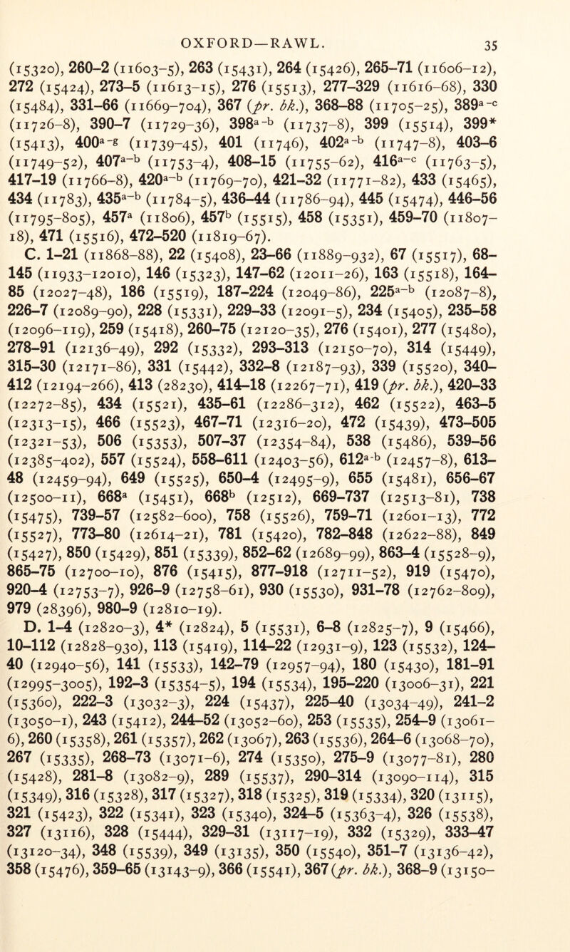 OXFORD —RAWL. (15320), 260-2 (11603-5), 263 (15431), 264 (15426), 265-71 (11606-12), 272 (15424), 273-5 (11613-15), 276 (15513), 277-329 (i 1616-68), 330 (15484), 331-66 (11669-704), 367 {pr. bk.), 368-88 (11705-25), 389^“'= (11726-8), 390-7 (11729-36), 398^-b (11737-8), 399 (15514), 399* (15413), 400^-g (11739-45), 401 (11746), 402^-b (11747-8), 403-6 (11749-52), 407^-b (i1753-4), 408-15 (11755-62), 416^-^^ (11763-5), 417-19 (11766-8), 420^-'^ (11769-70), 421-32 (11771-82), 433 (15465), 434 (11783), 435^-*^ (11784-5), 43^44 (11786-94), 445 (15474), 446-56 (11795-805), 457^ (11806), 457b (15515), 458 (15351), 459-70 (11807- 18), 471 (15516), 472-520 (11819-67). C. 1-21 (11868-88), 22 (15408), 23-66 (11889-932), 67 (15517), 68- 145 (11933-12010), 146 (15323), 147-62 (12011-26), 163 (15518), 164- 85 (12027-48), 186 (15519), 187-224 (12049-86), 225^-*^ (12087-8), 226-7 (12089-90), 228 (15331), 229-33 (12091-5), 234 (15405), 235-58 (12096-119), 259 (15418), 260-75 (12120-35), 276 (15401), 277 (15480), 278-91 (12136-49), 292 (15332), 293-313 (12150-70), 314 (15449), 315-30 (12171-86), 331 (15442), 332-8 (12187-93), 339 (15520), 340- 412 (12194-266), 413 (28230), 414-18 (12267-71), 419 (pr, bb.), 420-33 (12272-85), 434 (15521), 435-61 (12286-312), 462 (15522), 463-5 (12313-15), 466 (15523), 467-71 (12316-20), 472 (15439), 473-505 (12321-53), 506 (15353), 507-37 (12354-84), 538 (15486), 539-56 (12385-402), 557 (15524), 558-611 (12403-56), 612--^ (12457-8), 613- 48 (12459-94), 649 (15525), 650-4 (12495-9), 655 (15481), 656-67 (12500-11), 668 (15451), 668b (12512), 669-737 (12513-81), 738 (15475), 739-57 (12582-600), 758 (15526), 759-71 (12601-13), 772 (15527), 773-80 (12614-21), 781 (15420), 782-848 (12622-88), 849 (15427), 850 (15429), 851 (15339), 852-62 (12689-99), 863-4 (15528-9), 865-75 (12700-10), 876 (15415), 877-918 (12711-52), 919 (15470), 920-4 (12753-7), 926-9 (12758-61), 930 (15530), 931-78 (12762-809), 979 (28396), 980-9 (12810-19). D. 1-4 (12820-3), 4* (12824), 5 (15531), 6-8 (12825-7), 9 (15466), 10-112 (12828-930), 113 (15419), 114-22 (12931-9), 123 (15532), 124- 40 (12940-56), 141 (15533), 142-79 (12957-94), 180 (15430), 181-91 (12995-3005), 192-3 (15354-5), 194 (15534), 195-220 (13006-31), 221 (15360), 222-3 (13032-3), 224 (15437), 225-40 (13034-49), 241-2 (13050-1), 243 (15412), 244-52 (13052-60), 253 (15535), 254-9 (13061- 6), 260 (15358), 261 (15357), 262 (13067), 263 (15536), 264-6 (13068-70), 267 (15335), 268-73 (13071-6), 274 (15350), 275-9 (13077-81), 280 (15428), 281-8 (13082-9), 289 (15537X 290-314 (13090-114), 315 (15349), 316 (15328), 317 (15327), 318 (15325), 319 (15334), 320 (13115), 321 (15423), 322 (15341), 323 (15340), 324-5 (15363-4), 326 (15538), 327 (13116), 328 (15444), 329-31 (13117-19), 332 (15329), 333-47 (13120-34), 348 (15539), 349 (13135), 350 (15540), 351-7 (13136-42), 358 (15476), 359-65 (13143-9), 366 (15541), 367(pr. bk.), 368-9 (13150-