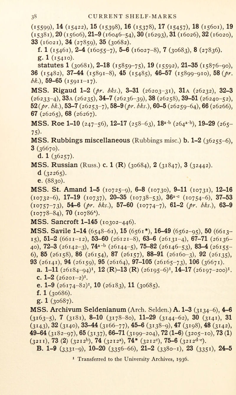 (15599), 14 (15422), 15 (15398), 16 (15378), 17 (15457), 16 (15601), 19 (15381), 20 (15606), 21-9 (16046-54), 30 (16293), 61 (16026), 32 (16020), 33 (16021), 34 (27859), 35 (30682). f. 1 (15461), 2-4 (16055-7), 5-6 (16027-8), 7 (30683), 8 (27836). g. 1 (15410). statutes 1 (30681), 2-18 (15859-75), 19 (15592), 21-35 (15876-90), 36 (15482), 37-44 (15891-8), 45 (15485), 46-57 (15899-910), 58 (j>r. dk.), 59-65 (15911-17). MSS. Rigaud 1-2 (pr. dks.), 3-31 (26203-31), 31a (26232), 32-3 (26233-4), 33a (26235), 34-7 (26236-39), 38 (26258), 39-51 (26240-52), 52(pr. dk.), 53-7 (26253-7), 58-8 {pr. dks.), 60-5 (26259-64), 66 (26266), 67 (26265), 68 (26267). MSS. Roe 1-10 (247-56), 12-17 (258-63), 18®’8 {264^'^), 19-29 (265- 75)- MSS. Rubbings miscellaneous (Rubbings misc.) b. 1-2 (36255-6), 3 (36670). d. 1 (36257). MSS. Russian (Russ.) c. 1 (R) (30684), 2 (31847), 3 (32442). d (32265). e. (8830). MSS. St. Amand 1-5 (10725-9), 6-8 (10730), 9-11 (10731), 12-16 (10732-6), 17-19 (10737), 20-35 (10738-53), 36^-^= (10754-6), 37-53 (10757-73), 54-6 (pr. dks.), 57-60 (10774-7), 61-2 {pr. bks.)^ 63-9 (10778-84), 70 (10786^). MSS. Sancroft 1-145 (10302-446). MSS. Savile 1-14 (6548-61), 15 (6561*), 16-49 (6562-95), 50 (6613- 15), 51-2 (6611-12), 53-60 (26121-8), 6^-6 (26131-4), 67-71 (26136- 40), 72-3 (26142-3), 74^-b (26144-5), 75-82 (26146-53), 83-4 (26155- 6), 85 (26158), 86 (26154), 87 (26157), 88-91 (26160-3), 92 (26135), 93 (26141), 94 (26159), 95 (26164), 97-105 (26165-73), 156 (36671). a. 1-11 (26184-94)^, 12 (R)-13 (R) (26195-6)^, 14-17 (26197-200)^ c. 1-2 (26201-2)*. e. 1-9 (26174-82)*, 10 (26183), 11 (30685). f. 1 (30686). g. 1 (30687). MSS. Archivum Seldenianum (Arch. Selden.) A. 1-3 (3134-6), 4-6 (3163-5), 7 (3181), 8-10 (3178-80), 11-29 (3144-62), 30 (3141), 31 (3143), 32 (3140), 33-44 (3166-77), 45-6 (3138-9), 47 (3198), 48 (3142), 49-64 (3182-97), 65 (3137), 66-71 (3199-204), 72 (1-6) (3205-10), 73 (1) (3211), 73 (2) (3212b), 74 (3212^), 74* (3 212*=), 75-6 (32 I24-e). B. 1-9 (3331-9), 10-20 (3356-66), 21-2 (3380-1), 23 (3351), 24-5 * Transferred to the University Archives, 1936.