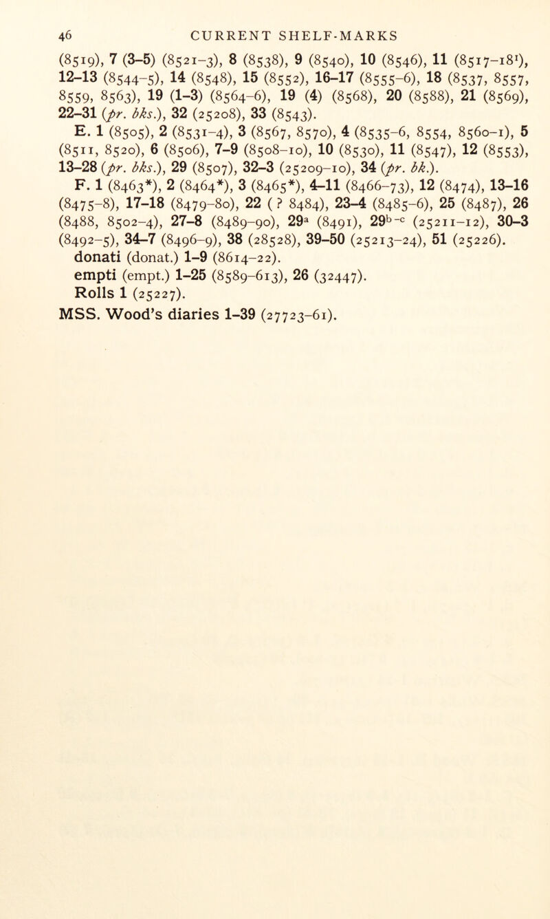 (8519), 7 (3-5) (8521-3), 8 (8538), 9 (8540), 10 (8546), 11 (8517-18O, 12- 13 (8544-5), 14 (8548), 15 (8552), 16-17 (8555-6), 18 (8537, 8557, 8559, 8563), 19 (1-3) (8564-6), 19 (4) (8568), 20 (8588), 21 (8569), 22-31 {pr. bks^^ 32 (25208), 33 (8543). E. 1 (8505), 2 (8531-4), 3 (8567, 8570), 4 (8535-6, 8554, 8560-1), 5 (8511, 8520), 6 (8506), 7-9 (8508-10), 10 (8530), 11 (8547), 12 (8553), 13- 28 {pr. 29 (8507), 32-3 (25209-10), 34 {pr. bk.). F. 1 (8463*), 2 (8464*), 3 (8465*), 4-11 (8466-73), 12 (8474), 13-16 (8475-8), 17-18 (8479-80), 22 (? 8484), 23-4 (8485-6), 25 (8487), 26 (8488, 8502-4), 27-8 (8489-90), 29^ (8491), 296-c (25211-12), 30-3 (8492-5), 34-7 (8496-9), 38 (28528), 39-50 (25213-24), 51 (25226). donati (donat.) 1-9 (8614-22). empti (empt.) 1-25 (8589-613), 26 (32447). Rolls 1 (25227). MSS. Wood’s diaries 1-39 (27723-61).