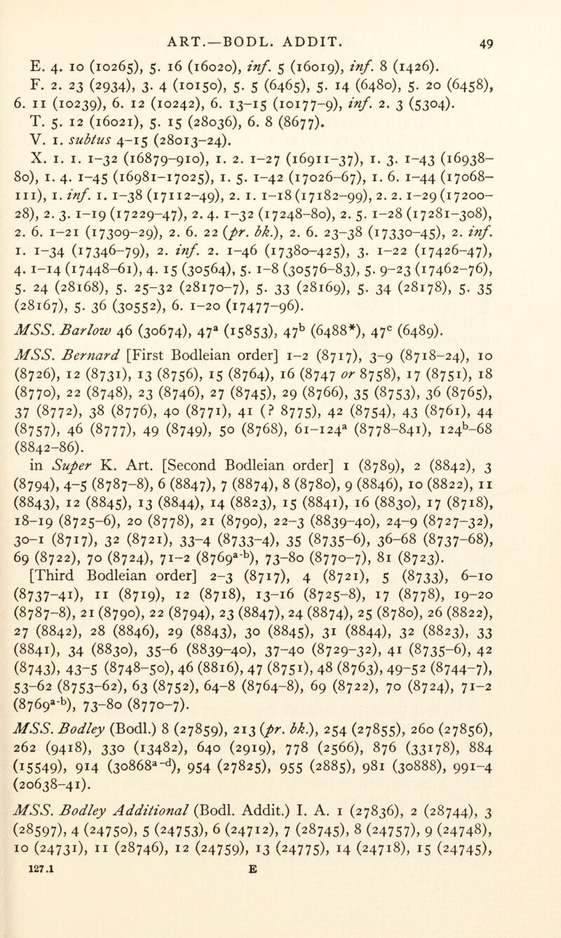 ART. —BODL. ADDIT. E. 4. 10 (10265), 5. 16 (16020), inf. 5 (16019), inf, 8 (1426). F. 2. 23 (2934), 3. 4 (10150), 5. 5 (6465), 5. 14 (6480), 5. 20 (6458), 6. II (10239), 6. 12 (10242), 6. 13-15 (10177-9), inf. 2. 3 (5304). T. 5. 12 (16021), 5. 15 (28036), 6. 8 (8677). V. I. subtus 4-15 (28013-24). X. I. I. 1-32 (16879-910), I. 2. 1-27 (16911-37), I. 3. 1-43 (16938- 80), I. 4. 1-45 (16981-17025), I. 5. 1-42 (17026-67), I, 6. 1-44 (17068- iii), I. inf. I. 1-38 (17112-49), 2. I. 1-18 (17182-99), 2. 2.1-29 (17200- 28), 2. 3. 1-19 (17229-47), 2. 4. 1-32 (17248-80), 2. 5. 1-28 (17281-308), 2. 6. 1-21 (17309-29), 2. 6. 22 {pr. bk.)y 2. 6. 23-38 (17330-45), 2. inf. I- 1-34 (17346-79), 2. inf. 2. 1-46 (17380-425), 3. 1-22 (17426-47), 4. 1-14 (17448-61), 4. 15 (30564), 5. 1-8 (30576-83), 5. 9-23 (17462-76), 5. 24 (28168), 5. 25-32 (28170-7), 5. 33 (28169), 5- 34 (28178), 5. 35 (28167), 5. 36 (30552), 6. 1-20 (17477-96). MSS. Barlow 46 (30674), 47^ (15853), 47^ (6488*), 47^ (6489)- MSS. Bernard [First Bodleian order] 1-2 (8717), 3-9 (8718-24), 10 (8726), 12 (8731), 13 (8756), 15 (8764), 16 (8747 or 8758), 17 (8751), 18 (8770), 22 (8748), 23 (8746), 27 (8745), 29 (8766), 35 (8753), 36 (8765), 37 (8772), 38 (8776), 40 (8771), 41 (? 8775), 42 (8754), 43 (8761), 44 (8757), 46 (8777), 49 (8749), 50 (8768), 61-124^ (8778-841), 124^-68 (8842-86). in Super K. Art. [Second Bodleian order] i (8789), 2 (8842), 3 (8794), 4-5 (8787-8), 6 (8847), 7 (8874), 8 (8780), 9 (8846), 10 (8822), II (8843), 12 (8845), 13 (8844), 14 (8823), 15 (8841), 16 (8830), 17 (8718), 18-19 (8725-6), 20 (8778), 21 (8790), 22-3 (8839-40), 24-9 (8727-32), 30-1 (8717), 32 (8721), 33-4 (8733-4), 35 (8735-6), 36-68 (8737-68), 69 (8722), 70 (8724), 71-2 (8769^-b), 73-80 (8770-7), 81 (8723). [Third Bodleian order] 2-3 (8717), 4 (8721), 5 (8733), 6-10 (8737-41), II (8719), 12 (8718), 13-16 (8725-8), 17 (8778), 19-20 (8787-8), 21 (8790), 22 (8794), 23 (8847), 24 (8874), 25 (8780), 26 (8822), 27 (8842), 28 (8846), 29 (8843), 30 (8845), 31 (8844), 32 (8823), 33 (8841), 34 (8830), 35-6 (8839-40), 37-40 (8729-32), 41 (8735-6), 42 (8743), 43-5 (8748-50), 46 (8816), 47 (8751), 48 (8763), 49-52 (8744-7), 53-62 (8753-62), 63 (8752), 64-8 (8764-8), 69 (8722), 70 (8724), 71-2 (8769^-^), 73-80 (8770-7). MSS. Bodley (Bodl.) 8 (27859), 213 {pr. bk.)^ 254 (27855), 260 (27856), 262 (9418), 330 (13482), 640 (2919), 778 (2566), 876 (33178), 884 (15349). 914 (3o868«-4), 954 (27825), 955 (2885), 981 (30888), 991-4 (20638-41). MSS. Bodley Additional (Bodl. Addit.) I. A. i (27836), 2 (28744), 3 (28597), 4 (24750), 5 (24753), 6 (24712), 7 (28745), 8 (24757), 9 (24748), 10 (24731), II (28746), 12 (24759), 13 (24775), 14 (24718), 15 (24745), 127.1 £