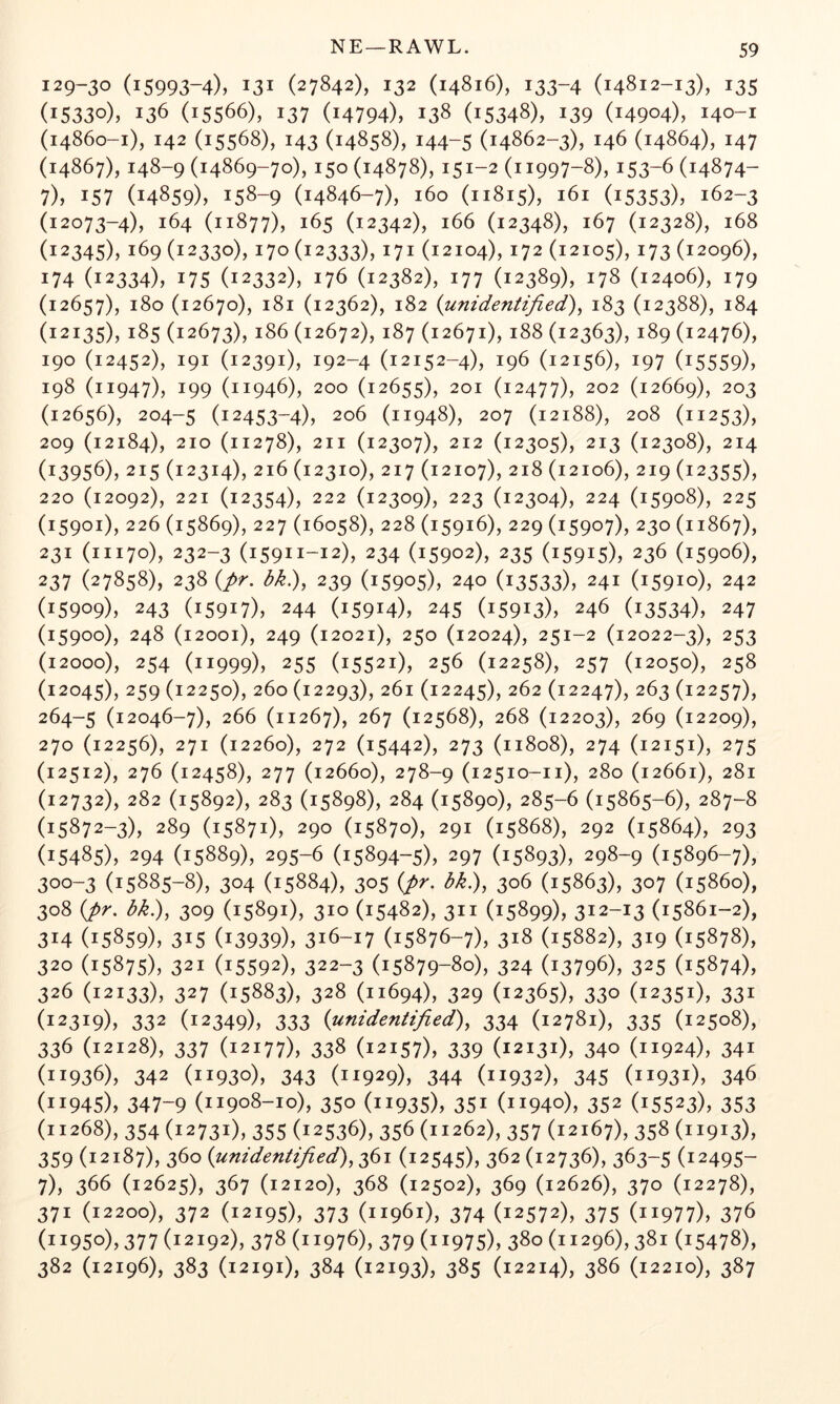 129-30 (15993-4), 131 (27842), 132 (14816), 133-4 (14812-13), 135 (15330), 136 (15566), 137 (14794), 138 (15348), 139 (14904), 140-1 (14860-1), 142 (15568), 143 (14858), 144-5 (14862-3), 146 (14864), 147 (14867), 148-9 (14869-70), 150 (14878), 151-2 (11997-8), 153-6 (14874- 7), 157 (14859), 158-9 (14846-7), 160 (11815), 161 (15353), 162-3 (12073-4), 164 (11877), 165 (12342), 166 (12348), 167 (12328), 168 (12345), 169 (12330), 170 (12333), 171 (12104), 172 (12105), 173 (12096), 174 (12334), 175 (12332), 176 (12382), 177 (12389), 178 (12406), 179 (12657), 180 (12670), 181 (12362), 182 {unidentified)^ 183 (12388), 184 (12135), 185 (12673), 186 (12672), 187 (12671), 188 (12363), 189 (12476), 190 (12452), 191 (12391), 192-4 (12152-4), 196 (12156X 197 (15559), 198 (11947), 199 (11946), 200 (12655), 201 (12477), 202 (12669), 203 (12656), 204-5 (12453-4), 206 (11948), 207 (12188), 208 (11253), 209 (12184), 210 (11278), 2II (12307), 212 (12305), 213 (12308), 214 (13956), 215 (12314), 216 (123I0), 217 (12IO7), 218 (12106), 219 (12355), 220 (12092), 221 (12354), 222 (12309), 223 (12304), 224 (15908), 22^ (159OI), 226 (15869), 227 (16058), 228 (15916), 229 (15907), 230 (11867), 231 (1II70), 232-3 (159II-I2), 234 (15902), 235 (15915), 236 (15906), 237 (27858), 238 (/r. 3d), 239 (15905), 240 (13533), 241 (15910), 242 (15909), 243 (15917), 244 (159I4), 245 (159I3), 246 (13534), 247 (15900), 248 (12OOI), 249 (12021), 250 (12024), 251-2 (12022-3), 253 (12000), 254 (11999), 255 (15521), 256 (12258), 257 (12050), 258 (12045), 259 (12250), 260 (12293), 261 (12245), 262 (12247), 263 (12257), 264-5 (12046-7), 266 (11267), 267 (12568), 268 (12203), 269 (12209), 270 (12256), 271 (12260), 272 (15442), 273 (11808), 274 (12151), 275 (12512), 276 (12458), 277 (12660), 278-9 (125IO-I1), 280 (12661), 281 (12732), 282 (15892), 283 (15898), 284 (15890), 285-6 (15865-6), 287-8 (15872-3), 289 (15871), 290 (15870), 291 (15868), 292 (15864), 293 (15485), 294 (15889), 295-6 (15894-5), 297 (15893), 298-9 (15896-7), 300-3 (15885-8), 304 (15884), 305 (/>r. bk.), 306 (15863), 307 (15860), 308 {pr. bk.), 309 (15891), 310 (15482), 311 (15899), 312-13 (15861-2), 314 (15859), 315 (13939), 316-17 (15876-7), 318 (15882), 319 (15878), 320 (15875), 321 (15592), 322-3 (15879-80), 324 (13796), 325 (15874), 326 (12133), 327 (15883), 328 (11694), 329 (12365), 330 (12351), 331 (12319), 332 (12349), 333 {unidentified), 334 (12781), 335 (12508), 336 (12128), 337 (12177), 338 (12157), 339 (12131), 340 (11924), 341 (11936), 342 (11930), 343 (11929), 344 (11932), 345 (11931), 346 (11945), 347-9 (11908-10), 350 (11935), 351 (11940), 352 (15523), 353 (11268), 354 (12731), 355 (12536), 356 (11262), 357 (12167), 358 (11913), 359 (12187), 360 {unidentified), 361 (12545), 362 (12736), 363-5 (12495- 7), 366 (12625), 367 (12120), 368 (12502), 369 (12626), 370 (12278), 371 (12200), 372 (12195), 373 (11961), 374 (12572), 375 (11977), 376 (11950), 377 (12192), 378 (11976), 379 (11975), 380 (11296), 381 (15478), 382 (12196), 383 (12191), 384 (12193), 385 (12214), 386 (12210), 387