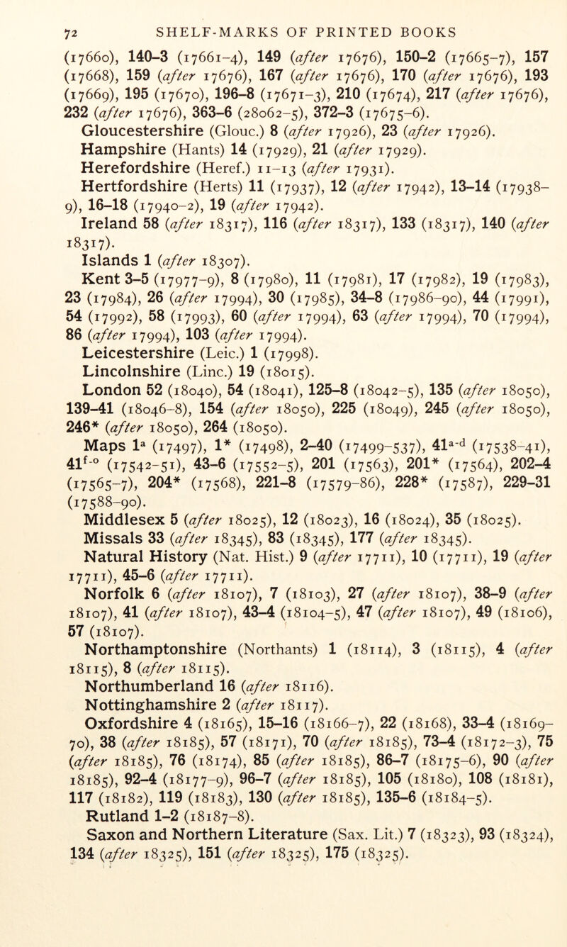 (17660), 140-3 (17661-4), 149 {after 17676), 150-2 (17665-7), 157 (17668), 159 {after 17676), 167 {after 17676), 170 {after 17676), 193 (17669), 195 (17670), 196-8 (17671-3), 210 (17674), 217 {after 17676), 232 {after 17676), 363-6 (28062-5), 372-3 (17675-6). Gloucestershire (Glouc.) 8 {after 17926), 23 {after 17926). Hampshire (Hants) 14 (17929), 21 {after 17929). Herefordshire (Heref.) 11-13 {after 17931). Hertfordshire (Herts) 11 (17937), 12 {after 17942), 13-14 (17938- 9), 16-18 ( 17940-2), 19 {after 17942). Ireland 58 {after 18317), 116 {after 18317), 133 (18317), 140 {after 18317). Islands 1 {after 18307). Kent 3-5 (17977-9), 8(17980), 11 (17981), 17 (17982), 19 (17983), 23 (17984), 26 {after 17994), 30 (17985), 34-8 (17986-90), 44 (17991), 54 (17992), 58 (17993), 60 {after 17994), 63 {after 17994), 70 (i7994), 86 {after 17994), 103 {after 17994). Leicestershire (Leic.) 1 (17998). Lincolnshire (Line.) 19 (18015). London 52 (18040), 54 (18041), 125-8 (18042-5), 135 {after 1805c), 139-41 (18046-8), 154 {after 18050), 225 (18049), 245 {after 18050), 246* {after 18050), 264 (18050). Maps 1^ (17497), 1* (17498), 2-40 (17499-537), 41^-<i (17538-41), 41^-° (17542-51), 43-6 (17552-5), 201 (17563), 201* (17564), 202-4 (17565-7), 204* (17568), 221-8 (17579-86), 228* (17587), 229-31 (17588-90). Middlesex 5 {after 18025), 12 (18023), 16 (18024), 35 (18025). Missals 33 {after 18345), 83 (18345), 177 {after 18345). Natural History (Nat. Hist.) 9 {after 17711), 10 (17711), 19 {after 17711), 45-6 {after 17711). Norfolk 6 {after 18107), 7 (18103), 27 {after 18107), 38-9 {after 18107), 41 {after 18107), 43-4 (18104-5), 47 {after 18107), 49 (18106), 57 (18107). ' Northamptonshire (Northants) 1 (18114), 3 (18115), 4 {after 18115), 8 {after 18115). Northumberland 16 {after 18116). Nottinghamshire 2 {after 18117). Oxfordshire 4 (18165), 15-16 (18166-7), 22 (18168), 33-4 (18169- 70), 38 {after 18185), 57 (18171), 70 {after 18185), 73-4 (18172-3), 75 {after 18185), 76 (18174), 85 {after 18185), 86-7 (18175-6), 90 {after 18185), 92-4 (18177-9), 96-7 {after 18185), 105 (18180), 108 (18181), 117 (18182), 119 (18183), 130 {after 18185), 135-6 (18184-5). Rutland 1-2 (18187-8). Saxon and Northern Literature (Sax. Lit.) 7 (18323), 93 (18324), 134 {after 18325), 151 {after 18325), 175 (18325).