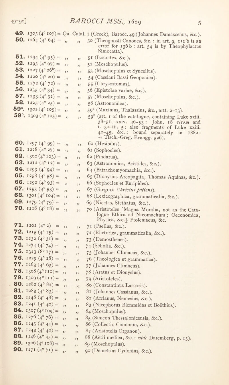 49. 1305 (4° 107) = Qu. Catal. 50. 1264 (4® 64) 51. 52. 53. 54. 55. 56. 57. 58. 59^ 59^ 1294 (4” 95) = 1295 (4*^97) = 1227 (4° 26'’) = 1220 (4° 20) C 1272 (4° 72) : 1235 (4° 34) = 1233 (4° 32) = 1225 (4° 25) = 1302(4»105): 1303 (4° 105) V yy jy yy yy yy yy yy yy yy yy 00. 61. 62. 63. 64. 65. 66. 67. 68. 69. 70. 1297 (40 99) = 1228 (4° 27) = 1300 (4‘’i03) = 1212 (4012) = 1293 (4» 94) = 1258 (4«58) = 1292 (4° 93) = 1253 (4° 53) = 1301(40104) = 1279 (4079) = 1218 (40 18) = 71. 1202 (40 2) = 72. 1215 (4° 15) = 73. 1232 (40 31) = 74. 1274(4074) = 75. 1323 (8017) = 76. 1229 (40 28) = 77. 1263 (40 63) = 78. 1308(40110) = 79. 1309(40111) = 80. 1282 (40 82) = 81. 1283 (40 83) = 82. 1248 (40 48) = 83. 1241 (40 40) = 84. 1307 (4 109) = 85. 1276 (40 76) = 86. 1245 (4'' 44) = 87. 1243 (40 42) = 88. 1246 (40 45) = 89. 1306(40108) = 90. 1271 (40 71) = yy yy yy yy yy yy yy yy yy yy yy y y yy yy yy yy yy yy yy yy yy yy yy yy y y yy yy yy y y yy yy yy yy yy yy yy yy yy yy yy yy yy yy yy yy yy yy yy yy yy yy yy yy yy yy yy yy yy yy yy yy yy yy yy yy yy yy yy yy y y yy yy yy i (Greek), Barocc. 49 (Johannes Damascenus, &c.). 50 (Theognosti Canones, &c. : in art. 9, iii b is an error for 136 b : art. 54 is by Theophylactus Simocatta). 51 (Isocrates, &c.). 52 (Moschopulus). 53 (Moschopulus et Syncellus). 54 (Cassiani Bassi Geoponica). 55 (Chrysostomus). 56 (Epistolae variae, &c.). 57 (Moschopulus, &c.). 58 (Astronomica). 59“' (Maximus, Thalassius, &c., artt. 2-13). 59*^ (art. i of the catalogue, containing Luke xxiii. 38-51, xxiv. 46-53 : John, 18 t'itXoi and i. 30-iii. 5: also fragments of Luke xxiii. 42-45, &c. : bound separately in 1882; = Tisch.-Greg. Evangg. 526). 60 (Hesiodus). 61 (Sophocles). 62 (Pindarus). 63 (Astronomica, Aristides, &c.). 64 (Batrachomyomachia, &c.). 65 (Dionysius Areopagita, Thomas Aquinas, &c.). 66 (Sophocles et Euripides). 67 (Gregorii Christus patiens). 68 (Lexicographica, grammaticalia, &c.). 69 (Nicetas, Stethatus, &c.). 70 (Aristoteles [Magna Moralia, not as the Cata- logue Ethica ad Nicomachum; Oeconomica, Physica, &c.], Ptolemaeus, &c. 71 (Psellus, &c.). 72 (Rhetorica, grammaticalia, &c.). 73 (Demosthenes). 74 (Scholia, &c.). 75 (Johannes Climacus, &c.). 76 (Theologica et grammatica). 77 (Johannes Climacus). 78 (Aratus et Dionysius). 79 (Aristoteles). 80 (Constantinus Lascaris). 81 (Johannes Cassianus, &c.). 82 (Arrianus, Nemesius, &c.). 83 (Nicephorus Blemmidas et Boethius). 84 (Moschopulus). 85 (Simeon Thessalonicensis, &c.). 86 (Collectio Canonum, &c.). 87 (Aristotelis Organon). 88 (Aetii medica, &c. : vide Daremberg, p. 15). 89 (Moschopulus). 90 (Demetrius Cydonius, &c.).
