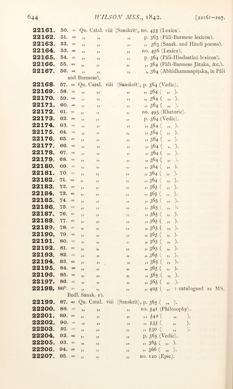 22161. 50. Qu. Catal. viii (Sanskrit), no. 455 (Lexica'. 22162. 51. = yy p. 363 (Pali-Burmese lexicon). 22163. 52. = yy yy ,, 363 (Sansk. and Hindi poems). 22164. 53. = yj yy yy no. 456 (Lexica). 22165. 54. = yy yy p. 364 (Pali-Hindustani lexicon). 22166. 55. = yy yy yy ,, 364 (Pali-Burmese Jataka, &c.). 22167. 56. = yy yy yy „ 364 (Abhidhammapitaka, in Pali and Burmese). 22168. 57. = Qu. Catal. viii (Sanskrit), p. 364 (Vedic). 22169. 58, = yy yy yy 0 364 ( » ). 22170. 59. = yy yy yy » 364 ( ). 22171. 60. = yy yy yy 364 ( >> )• 22172. 61. = yy yy yy no. 493 (Rhetoric). 22173. 62. = yy yy yy p. 364 (Vedic). 22174. 63. = yy yy yy 364 ( 0 ). 22175. 64. yy yy yy M 364 ( ,, ). 22176. 65. = yy yy yy M 364 ( )• 22177. 66. = yy yy yy » 364 ( )• 22178. 67. = yy yy yy 364 ( M ). 22179. 68. = yy yy yy 364 ( „ ). 22180. 69. = yy yy yy » 364 ( M ). 22181. 70. = yy yy yy » 364 ( ,, ). 22182. 71. = yy yy yy M 364 ( . ). 22183. 72. = yy yy yy 365 ( ,, ). 22184. 73. = yy yy yy » 365 ( ,, ). 22185. 74. = yy yy yy n 365 ( ). 22186. 75. yy y y yy .365 ( „ 22187. 76. yy yy yy » 365 ( M ). 22188. 77. = yy yy yy 365 ( . ). 22189. 78. = yy yy yy 365 ( ,, ). 22190. 79. yy yy yy ,, 365 ( „ )■ 22191. 80. yy yy yy » 3^5 ( )• 22192. 81. = yy yy yy 365 ( „ ). 22193. 82, = yy yy yy » 365 ( „ ). 22194. 83. = yy yy yy ,365 ( „ )• 22195. 84. s yy yy yy 365 ( „ ). 22196. 85. = yy yy yy „ 365 ( „ )• 22197. 86. = yy yy yy ,, 365 ( „ ). 22198. 86^ = yy yy y y 405 ( ,, : catalogued as MS, Bodl. Sansk. i). 22199. 87. = Qu. Catal. viii (Sanskrit), p. 365 ( „ ). 22200. 88. — yy yy yy no. 541 (Philosophy). 22201. 89. = yy yy yy 542 ( » )• 22202. 90. yy yy yy 535 ( » )• 22203. 91. — yy yy yy 530 ( „ ). 22204. 92. = yy yy yy p. 365 (Vedic). 22205. 93. yy yy yy ,, 365 ( „ ). 22206. 94. = yy yy yy 5J 3^^ ( „ ). 22207. 95. = no. 120 (Epic).