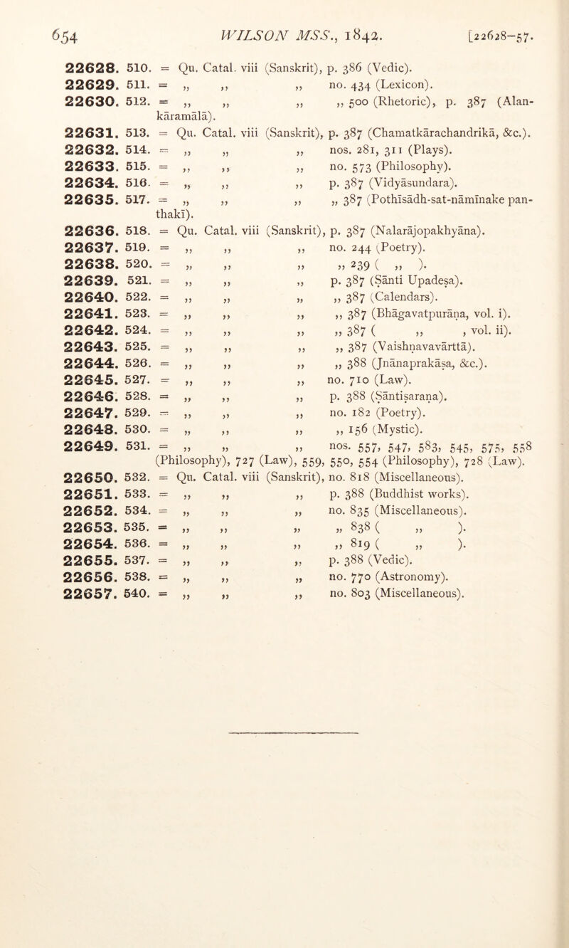 22628. 510. = Qu. Catal. viii (Sanskrit), p. 386 (Vedic). 22629. 511. = It tt ,, no. 434 (Lexicon). 22630. 512. tt tt 500 (Rhetoric), p. 387 (Alan- karamala). 22631. 513. = Qu. Catal. viii (Sanskrit), p. 387 (Chamatkarachandrika, &c.). 22632. 514. tt tt ,, nos. 281, 311 (Plays). 22633. 515. = tt tt ,, no. 573 (Philosophy). 22634. 516. = t> tt tt P- 387 (Vidyasundara). 22635. 517. = tt tt tt tt 387 (Pothisadh-sat-naminake pan- thaki). 22636. 518. = Qu. Catal. viii (Sanskrit), p. 387 (Nalarajopakhyana). 22637. 519. = tt tt ,, no. 244 (^Poetry). 22638. 520. = tt tt tt tt 239 ( tt )• 22639. 521. = tt tt tt P* 387 (Santi Upadesa). 22640. 522. = tt tt tt >>387 (Calendars). 22641. 523. = tt tt tt >>387 (Bhagavatpurana, vol. i). 22642. 524. = tt tt tt tt 387 ( tt t vol. ii). 22643. 525. tt tt tt tt 387 (Vaishnavavartta). 22644. 526. = tt tt tt tt 388 (Jnanaprakasa, &c.). 22645. 527. — tt tt ,, no. 710 (Law). 22646. 528. = tt tt ,, p. 388 (Santisarana). 22647. 529. tt tt ,, no. 182 (Poetry). 22648. 530. = tt tt „ ,, 156 (Mystic). 22649. 531. = tt tt ,, nos. 557, 547, 583, 545, 575, 558 (Philosophy), 727 (Law), 559, 550, 554 (Philosophy), 728 (Law). 22650. 532. Qu. Catal. viii (Sanskrit), no. 818 (Miscellaneous). 22651. 533. tt tt ,, p. 388 (Buddhist works). 22652. 534. =: tt tt „ no. 835 (Miscellaneous). 22653. 535. = tt tt tt tt 838 ( ,, ). 22654. 536. = tt tt tt tt 819 ( j, ). 22655. 537. = tt tt „ p. 388 (Vedic). 22656. 538. = tt tt „ no. 770 (Astronomy). 22657. 540. = tt tt ,, no. 803 (Miscellaneous).