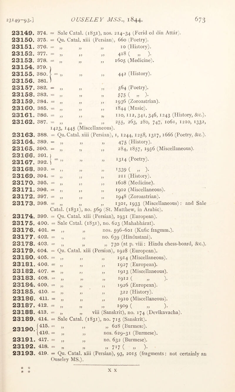 23 149. 374. = Sale Catal. (1831), nos. 214-34 (Ferid ed din Attar). 23 1 50. 375. = Qu. Catal. xiii (Persian), 660 (Poetry). 23151. 376. = 7) 77 77 10 (History). 23 1 52 . 377. = 77 7 7 7 7 418 ( „ ). 23153. 378. = 77 77 7 7 1605 (Medicine). 23 1 54. 379. ^ 23155. 380. [ - ~ 77 7 7 7 7 442 (History). 23 1 56. 381. ) 23157. 382. = 77 7 7 7 7 564 (Poetry). 23158. 383. = 77 77 77 575 ( )• 23159. 384. = 77 77 77 1936 (Zoroastrian). 23 1 60. 385. = 77 77 7 7 1844 (Music). 23161. 386. = 77 7 7 77 no, 112, 341, 346, 1243 (History, &c.). 23162. 387. = 77 77 7 7 255, 263, 280, 747, 1061, 1210, 1332, 1423, 1445 (Miscellaneous). 23 1 63. 388. = Qu. Catal. xiii (Persian), r, 1244, 1258, 1317, 1666 (Poetry, &c.). 23164. 389. = 77 77 77 475 (History). 23165. 390. = 77 77 7 7 284, 1857, 1956 (Miscellaneous). 23 1 66. 391.) 23167. 392. i   77 77 77 1314 (Poetry). 23168. 393. = 7 7 77 77 T339 ( M )• 23169. 394. = 77 7 7 77 211 (History). 23170. 395. = 77 7 7 7 7 1608 (Medicine). 23171. 396. = 77 7 7 77 1902 (Miscellaneous). 23172. 397. = 77 7 7 77 1948 (Zoroastrian). 23173. 398. - 77 77 77 1301, 1933 (Miscellaneous): and Sale Catal. (1831), no. 569 (St. Matthew, in Arabic). 23174. 399. = Qu. Catal. xiii (Persian), 1931 (European). 23175. 400. = Sale Catal. (1831), no. 623 (Mahabharat). 23176. 401. = 7 7 „ nos. 596-601 (Kufic fragmm.). 23 1 77 . 402. = M no. 639 (Hindustani). 23178. 403. = 77 77 77 730 (at p. viii: Hindu chess-board, &c.). 23179. 404. = Qu. Catal. xiii (Persian i), 1928 (European). 231SO. 405. = 77 77 77 1914 (Miscellaneous). 231S1. 406. = 77 77 77 1927 (European). 23132. 407. = 77 >7 77 1913 (Miscellaneous). 23133. 408. = 77 77 77 1912 ( „ ). 231 84. 409. = 77 77 77 1926 (European). 23185. 410. = 77 77 77 322 (History). 23186. 411. = 77 77 77 1910 (Miscellaneous). 23187. 412. = 77 77 77 1909 ( „ ). 23188. 413. - 77 „ viii (Sanskrit), no. 174 (Devikavacha). 23189. 414. = Sale Catal. (1831), no. 715 (Sanskrit). 23190. 77 7 7 77 628 (Burmese). (416. = 77 ,, nos. 629-31 (burmese). 23191. 417. = 77 „ no. 632 (Burmese). 23192. 418. = 77 77 77 717 ( .5 )• 23193. 419. = Qu. Catal. xiii (Persian), 93, 2015 (fragments: not certainly an Ouseley MS.).