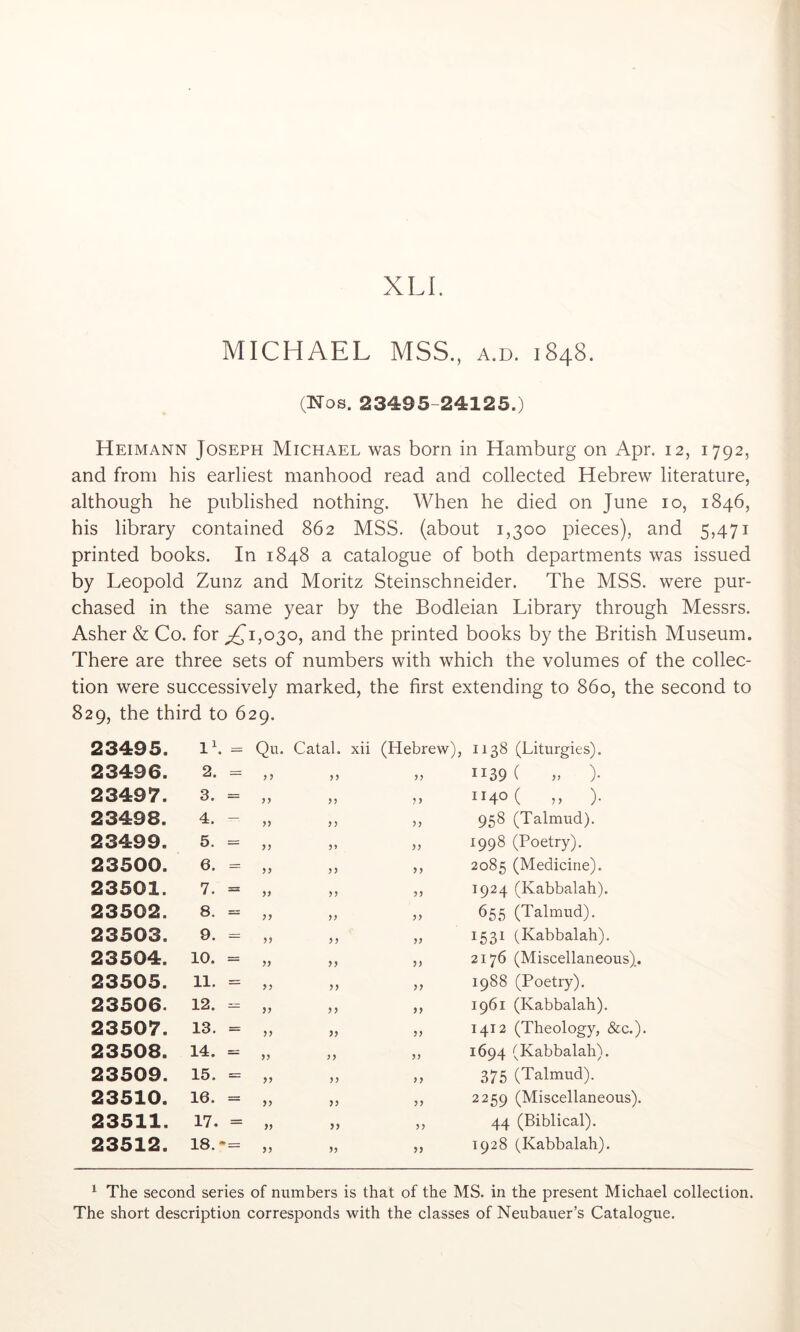 XLI. MICHAEL MSS, a.d. 1848. (Nos. 23495-24125.) Heimann Joseph Michael was born in Hamburg on Apr. 12, 1792, and from his earliest manhood read and collected Hebrew literature, although he published nothing. When he died on June 10, 1846, his library contained 862 MSS. (about 1,300 pieces), and 5,471 printed books. In 1848 a catalogue of both departments was issued by Leopold Zunz and Moritz Steinschneider. The MSS. were pur- chased in the same year by the Bodleian Library through Messrs. Asher & Co. for ;^i,o3o, and the printed books by the British Museum. There are three sets of numbers with which the volumes of the collec- tion were successively marked, the first extending to 860, the second to 829, the third to 629. 23495. 1^. ^ Qu. Catal. xii (Hebrew), 1138 (Liturgies). 23496. 2. - „ 33 1139 ( .. > 23497. 3. = ,, >> 3 3 1140 ( ,, ). 23498. 4. - „ ?? 33 958 (Talmud). 23499. 5. = „ 33 1998 (Poetry). 23500. 6. = „ 3 5 2085 (Medicine). 23501. 7. = „ >? 33 1924 (Kabbalah). 23502. 8. = „ 33 655 (Talmud). 23503. 0. — ,, 3? 33 1531 (Kabbalah). 23504. 10. = „ 33 2176 (Miscellaneous). 23505. 11. = „ 3 3 33 1988 (Poetry). 23506. 12. „ 33 33 1961 (Kabbalah). 23507. 13. = „ 33 33 1412 (Theology, &c.). 23508. 14. = „ 33 33 1694 (Kabbalah). 23509. 15. = „ 33 33 375 (Talmud). 23510. 16. = „ 33 33 2259 (Miscellaneous). 23511. 17. = „ 33 33 44 (Biblical). 23512. 18.= „ 53 33 1928 (Kabbalah). ^ The second series of numbers is that of the MS. in the present Michael collection. The short description corresponds with the classes of Neubauer’s Catalogue.