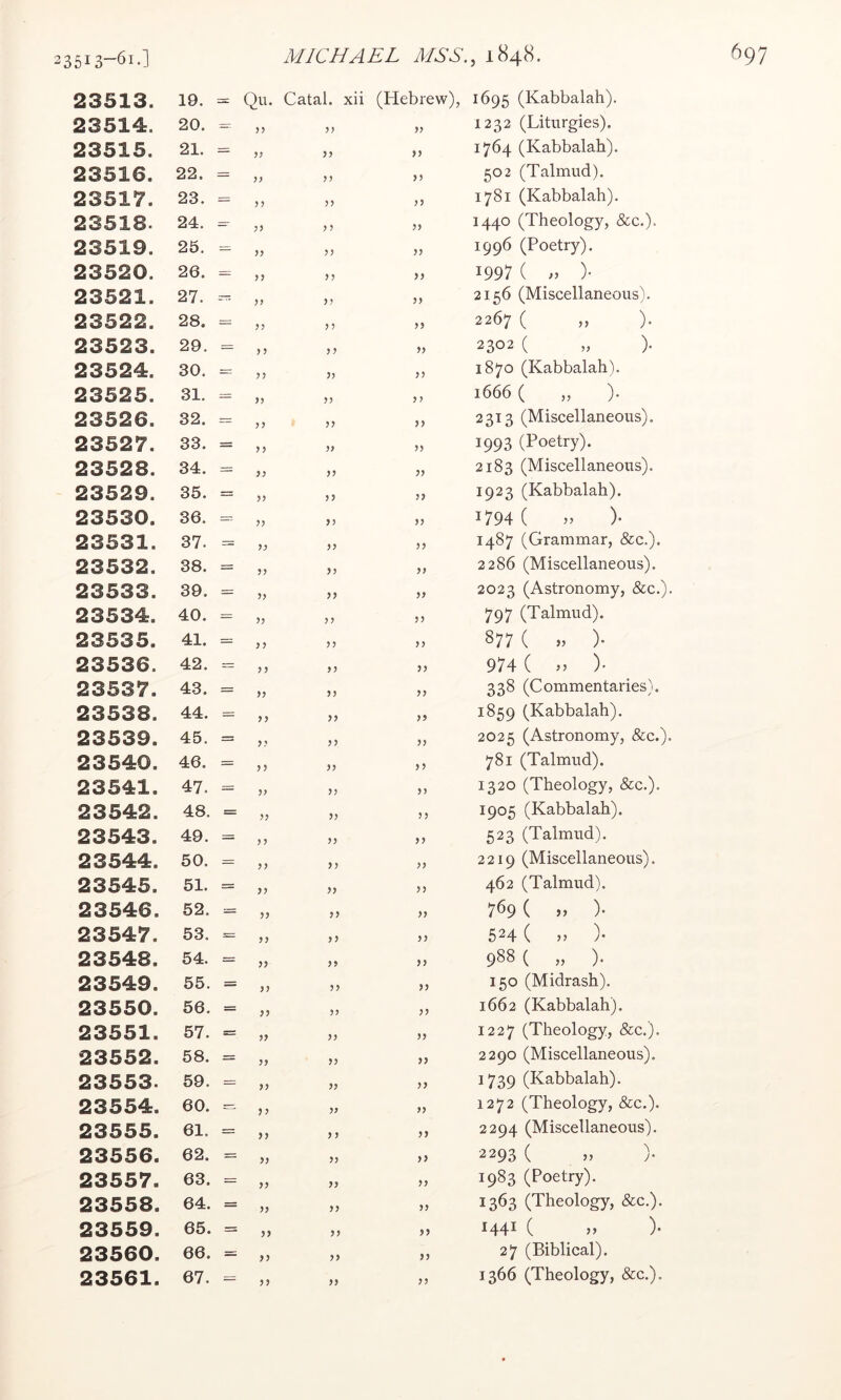 35I3“^i-] MICHAEL EISS.^ 1848. 23513. 19. Qu. Catal. xii (Hebrew), 1695 (Kabbalah). 23514. 20. >> 33 1232 (Liturgies). 23515. 21. 3? 33 1764 (Kabbalah). 23516. 22. 3 J 33 502 (Talmud). 23517. 23. — >? 37 33 1781 (Kabbalah). 23518. 24. 33 33 1440 (Theology, &c.). 23519. 25. = 33 33 1996 (Poetry). 23520. 26. — >> 33 33 1997 ( )• 23521. 27. — 33 33 2156 (Miscellaneous). 23522. 28, = ?? 35 33 2267 ( „ ). 23523. 29. = 33 33 2302 ( „ ). 23524. 30. 33 35 1870 (Kabbalah). 23525. 31. = 33 3 3 1666 ( „ ). 23526. 32. = 53 33 2313 (Miscellaneous). 23527. 33. = n 33 33 1993 (Poetry). 23528. 34. = 33 33 2183 (Miscellaneous). 23529. 35. = 5? 3 3 33 1923 (Kabbalah). 23530. 36. = 33 33 1794 ( .. )• 23531. 37. 33 33 1487 (Grammar, &c.). 23532. 38. = 5? 33 33 2286 (Miscellaneous). 23533. 39. = JJ 33 33 2023 (Astronomy, &c.). 23534. 40. = ?? 33 33 797 (Talmud). 23535. 41. = J ? 33 33 00 23536. 42. = ? J 33 33 974 ( )• 23537. 43. = JJ 33 33 338 (Commentaries). 23538. 44. = 33 33 1859 (Kabbalah). 23539. 45. = J? 33 33 2025 (Astronomy, &c.). 23540. 46. = 33 33 781 (Talmud). 23541. 47. = 33 33 1320 (Theology, &c.). 23542. 48. = 5? 33 33 1905 (Kabbalah). 23543. 49. ?? 33 33 523 (Talmud). 23544. 50. 33 33 2219 (Miscellaneous). 23545. 51. = 33 33 462 (Talmud). 23546. 52. ?? 33 33 769 ( » )• 23547. 53. J J 33 33 524 ( )• 23548. 54. = ?? 33 33 988 ( „ ). 23549. 55. = J J 33 33 150 (Midrash). 23550. 56. = 7? 33 33 1662 (Kabbalah). 23551. 57. = n 33 33 1227 (Theology, &c.). 23552. 58. = 33 33 2290 (Miscellaneous). 23553. 59. = M 33 33 1739 (Kabbalah). 23554. 60. ?? 33 33 1272 (Theology, &c.). 23555. 61. = n 3 3 33 2294 (Miscellaneous). 23556. 62. = 33 33 2293 ( „ ). 23557. 63. = 33 33 1983 (Poetry). 23558. 64. = » 33 33 1363 (Theology, &c.). 23559. 65. = 33 33 1441 ( »» )• 23560. 66. = 33 33 27 (Biblical). 33 33