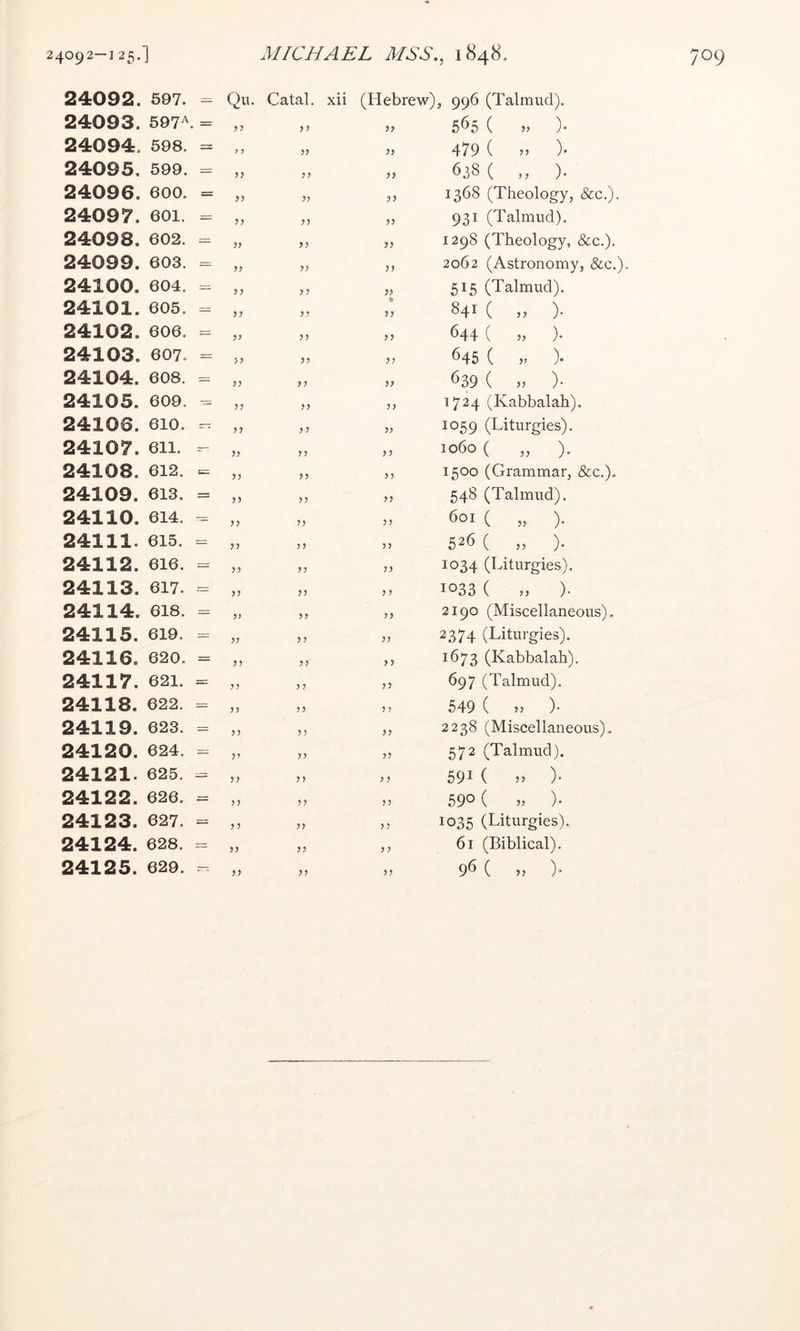 24092. 597. = Qu. Catal. xii (Hebrew), 996 (Talmud). 24093. CO II >> yy yy 565 ( )• 24094. 598. = 9 5 yy yy 479 ( )• 24095. 599. - yy yy 638 ( ,, ). 24096. 600. = >5 yy yy 1368 (Theology, &c.). 24097. 601. = ?? yy yy 931 (Talmud). 24098. 602. = ?> yy yy 1298 (Theology, &c.). 24099. 603. = yy yy yy 2062 (Astronomy, &c.). 24100. 604. = yy yy yy 515 (Talmud). 24101. 605. = yy yy yy 841 ( „ ). 24102. 11 co‘ 0 CO yy yy yy ^44 ( jj )• 24103. 607. = yy yy yy 645 ( )• 24104. 608. - yy yy yy 639 ( ,, )• 24105. 609. - yy yy yy 1724 (Kabbalah). 24106. 610. - yy yy yy 1059 (Liturgies). 24107. 611. -- yy yy y y 1060 ( „ ). 24108. 612. - yy yy yy 1500 (Grammar, &c.). 24109. 613, = yy yy yy 548 (Talmud). 24110. 614. - yy yy yy 601 ( „ ). 24111. 615. = yy yy yy 526 ( „ ). 24112. 616. - yy yy yy 1034 (Liturgies). 24113. 617. - yy yy y y 1033 ( „ ). 24114. 618. = yy yy yy 2190 (Miscellaneous), 24115. 619. = yy yy yy 2374 (Liturgies). 24116. 620. = yy yy y y 1673 (Kabbalah). 24117. 621. = yy y y yy 697 (Talmud). 24118. 622. = yy yy y y 549 ( >> )• 24119. 623. = yy yy yy 2238 (Miscellaneous). 24120. 624. = yy yy 572 (Talmud). 24121. 625. - yy y y y y 591 ( )• 24122. 626. = yy yy yy 590 ( )• 24123. 627. - yy yy yy 1035 (Liturgies). 24124. 628. - yy yy y y 61 (Biblical). 24125. 629. 96 ( „ ).
