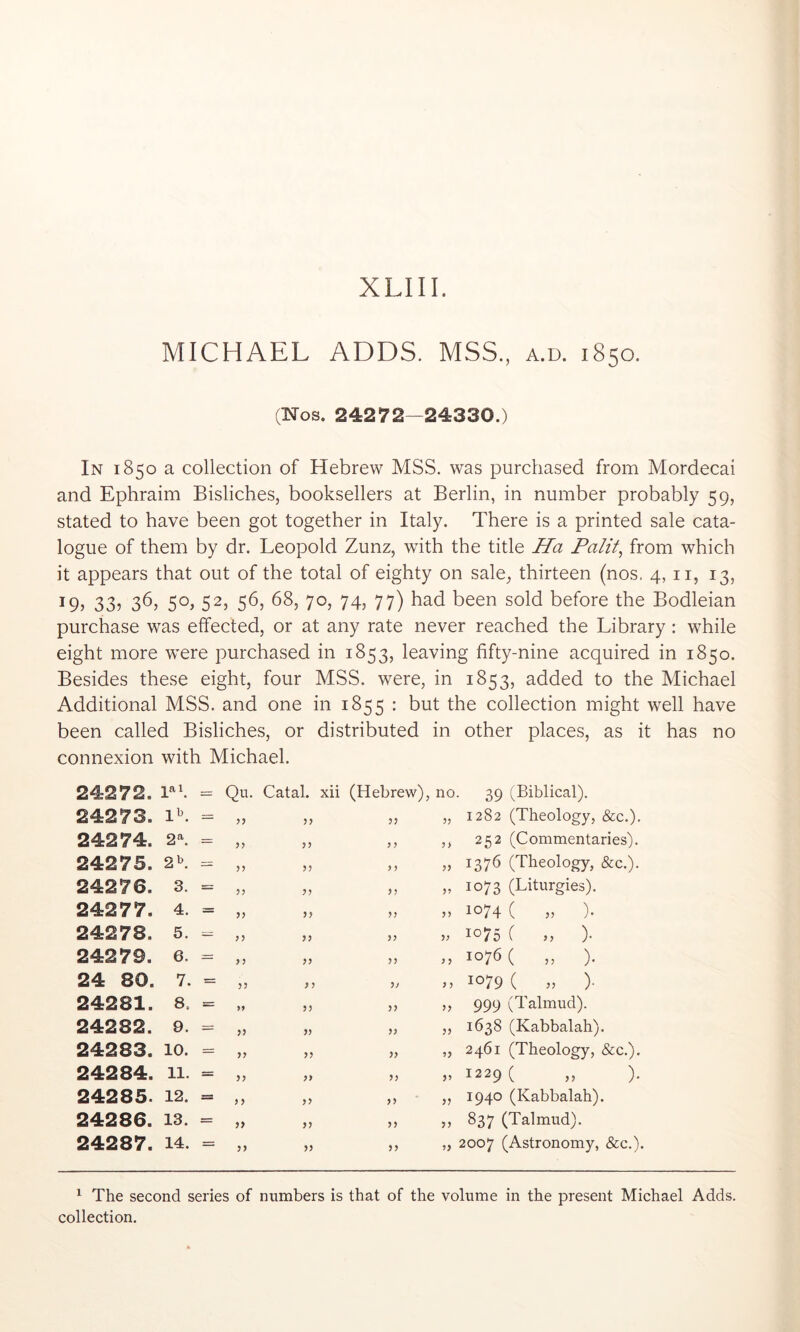 MICHAEL ADDS. MSS., a.d. 1850. (Nos. 24272-24330.) In 1850 a collection of Hebrew MSS. was purchased from Mordecai and Ephraim Bisliches, booksellers at Berlin, in number probably 59, stated to have been got together in Italy. There is a printed sale cata- logue of them by dr. Leopold Zunz, with the title Ha Palit^ from which it appears that out of the total of eighty on sale^ thirteen (nos, 4, ii, 13, I9j 33? 3^? 5^5 56, 68, 70, 74, 77) had been sold before the Bodleian purchase was effected, or at any rate never reached the Library: while eight more were purchased in 1853, leaving fifty-nine acquired in 1850. Besides these eight, four MSS. were, in 1853, added to the Michael Additional MSS. and one in 1855 : but the collection might well have been called Bisliches, or distributed in other places, as it has no connexion with Michael. 24272. 1 Qu. Catal. xii (Hebrew), no 39 (Biblical). 24273. Ik 55 55 55 1282 (Theology, &c.). 24274. 2k 55 5 5 5 252 (Commentaries). 24275. 2 k = 55 55 5 5 55 1376 (Theology, &c.). 24276. 3. 55 55 55 5? 1073 (Liturgies). 24277. 4. = 55 55 55 55 1074 ( » )• 24278. 5. — 55 55 55 55 1075 ( ,, )• 24279. 6. = 5 5 55 55 5 5 1076 ( „ ). 24 80. 7. = 55 5 5 55 5 5 1079 ( » )■ 24281. 8. = 55 55 55 55 999 (Talmud). 24282. 9. 55 55 55 55 1638 (Kabbalah). 24283. 10. = 55 55 55 55 2461 (Theology, &c.). 24284. 11. = 55 55 55 55 1229 ( „ ). 24285. 12. = 5 5 55 55 55 1940 (Kabbalah). 24286. 13. r= 55 55 55 55 837 (Talmud). 24287. 14. = 55 55 55 55 2007 (Astronomy, &c.). ^ The second series of nunabers is that of the volume in the present Michael Adds, collection.
