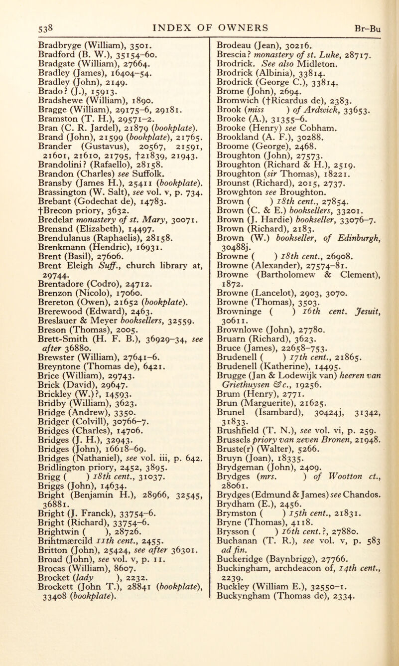 Bradbryge (William), 3501. Bradford (B. W.), 35154-60. Bradgate (William), 27664. Bradley (James), 16404-54. Bradley (John), 2149. Brado? (J.), 15913* Bradshewe (William), 1890. Bragge (William), 29175-6, 29181. Bramston (T. H.), 29571-2. Bran (C. R. Jardel), 21879 {bookplate). Brand (John), 21599 {bookplate), 21765. Brander (Gustavus), 20567, 21591, 21601, 21610, 21795, t2i839, 21943. Brandolini? (Rafaello), 28158. Brandon (Charles) see Suffolk. Bransby (James H.), 25411 {bookplate). Brassington (W. Salt), see vol. v, p. 734. Brebant (Godechat de), 14783. tBrecon priory, 3632. Bredelar monastery of st. Mary, 30071. Brenand (Elizabeth), 14497. Brendulanus (Raphaelis), 28158. Brenkmann (Hendric), 16931. Brent (Basil), 27606. Brent Eleigh Sujf., church library at, 29744. Brentadore (Codro), 24712. Brenzon (Nicolo), 17060. Brereton (Owen), 21652 {bookplate). Brerewood (Edward), 2463. Breslauer & Meyer booksellers, 32559. Breson (Thomas), 2005. Brett-Smith (H. F. B.), 36929-34, see after 36880. Brewster (William), 27641-6. Breyntone (Thomas de), 6421. Brice (William), 29743. Brick (David), 29647. Brickley (W.)?, 14593* Bridby (William), 3623. Bridge (Andrew), 3350. Bridger (Colvill), 30766-7. Bridges (Charles), 14706. Bridges (J. H.), 32943. Bridges (John), 16618-69. Bridges (Nathaniel), see vol. iii, p. 642. Bridlington priory, 2452, 3895. Brigg ( ) i8th cent., 31037. Briggs (John), 14634. Bright (Benjamin H.), 28966, 32545, 36881. Bright (J. Franck), 33754-6. Bright (Richard), 33754-6. Brightwin ( ), 28726. Brihtmaercild iith cent., 2455. Britton (John), 25424, see after 36301. Broad (John), see vol. v, p. ii. Brocas (William), 8607. Brocket {lady ), 2232. Brockett (John T.), 28841 {bookplate), 33408 {bookplate). Brodeau (Jean), 30216. Brescia? monastery of st. Luke, 28717. Brodrick. See also Midleton. Brodrick (Albinia), 33814. Brodrick (George C.), 33814. Brome (John), 2694. Bromwich (fRicardus de), 2383. Brook {miss ) of Ardwick, 33653. Brooke (A.), 31355-6. Brooke (Henry) see Cobham. Brookland (A. F.), 30288. Broome (George), 2468. Broughton (John), 27573. Broughton (Richard & H.), 2519. Broughton (sir Thomas), 18221. Brounst (Richard), 2015, 2737. Browghton see Broughton. Brown ( ) i8th cent., 27854. Brown (C. & E.) booksellers, 33201. Brown (J. Hardie) bookseller, 33076-7. Brown (Richard), 2183. Brown (W.) bookseller, of Edinburgh, 304883. Browne ( ) 18th cent., 26908. Browne (Alexander), 27574-81. Browne (Bartholomew & Clement), 1872. Browne (Lancelot), 2903, 3070. Browne (Thomas), 3503. Browninge ( ) 16 th cent. Jesuit, 30611. Brownlowe (John), 27780. Bruarn (Richard), 3623. Bruce (James), 22658-753. Brudenell ( ) lyth cent., 21865. Brudenell (Katherine), 14495. Brugge (Jan & Lodewijk van) heeren van Griethuysen &c., 19256. Brum (Henry), 2771. Brun (Marguerite), 21625. Brunei (Isambard), 30424], 31342, 31833. Brushfield (T. N.), see vol. vi, p. 259. Brussels pnory van zeven Bronen, 21948. Bruste(r) (Walter), 5266. Bruyn (Joan), 18335. Brydgeman (John), 2409. Brydges {mrs. ) of Wootton ct., 28061. Brydges (Edmund & James) see Chandos. Brydham (E.), 2456. Brymston ( ) 15th cent., 21831. Bryne (Thomas), 4118. Brysson ( ) i6th cent. ?, 27880. Buchanan (T. R.), see vol. v, p. 583 ad fin. Buckeridge (Baynbrigg), 27766. Buckingham, archdeacon of, 14th cent., 2239. Buckley (William E.), 32550-1. Buckyngham (Thomas de), 2334.