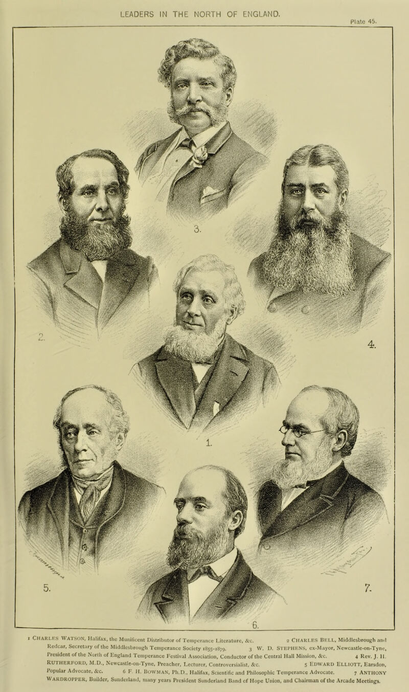 Plate 45. I Chari.I-.S Watson, Halifax, llic Munificent Distributor of Temperance Literature, iS:c. 2 ClIAKi.r.S IH-I.I., MidtllcsbrouKb ami kcdcar, Secret.'iry of the Micldlcbbroujfh Tein{)erance Society 1855-1879. 3 W. I). S l Iirin-NS, ex*Mayor, Ne\vcastle*on*Tyne, President of the North of lingland Temperance 1-estival Association, Conductor of the Central Hall Mission, &c. 4 Rev. J. H. Rutherford. M.U., Newcastle-on-Tyne. Preacher, Lecturer. Controversialist. S:c. 5 Udward ELLIOTT, Earsdon, I'opular Advocate, &c. 6 P. H. Bowman, Pli.D., Halifax, Scientific and Philosophic Temperance Advocate. 7 ANTHONY \\ AKDROPPER, Builder, Sundeiland, many years President Sunderland Band of Hope Union, and Chairman of the .\rcadc Meetings.