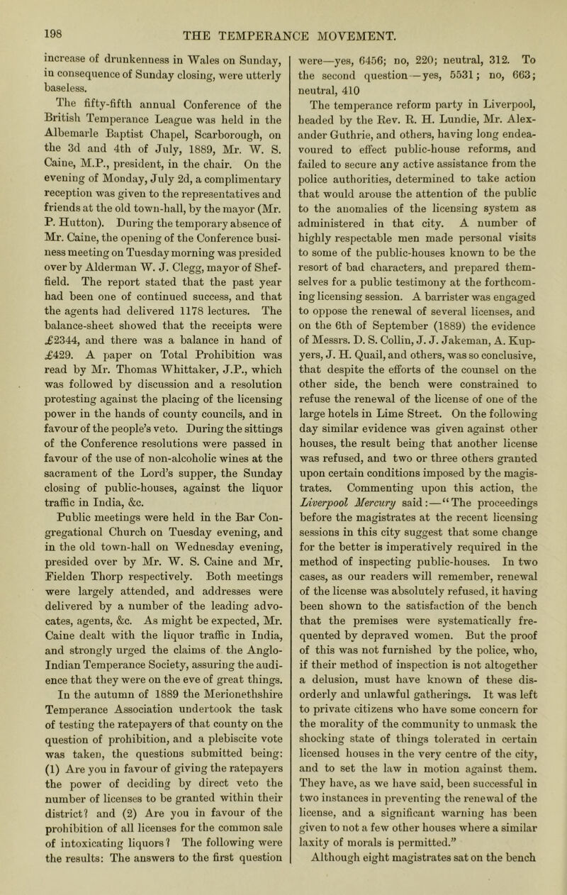 increase of drunkenness in Wales on Sunday, in consequence of Sunday closing, were utterly baseless. The fifty-fifth annual Conference of the British Temperance League was held in the Albemarle Baptist Chapel, Scarborough, on the 3d and 4tli of July, 1889, Mr. W. S. Caine, M.P., president, in the chair. On the evening of Monday, July 2d, a complimentary reception was given to the representatives and friends at the old town-hall, by the mayor (Mr. P. Hutton). During the temporary absence of Mr. Caine, the opening of the Conference busi- ness meeting on Tuesday morning was presided over by Alderman W. J. Clegg, mayor of Shef- field. The I'eport stated that the past year had been one of continued success, and that the agents had delivered 1178 lectures. The balance-sheet showed that the receipts were „£2344, and there was a balance in hand of ^429. A paper on Total Prohibition was read by Mr. Thomas Whittaker, J.P., which was followed by discussion and a resolution protesting against the placing of the licensing power in the hands of county councils, and in favour of the people’s veto. During the sittings of the Conference resolutions were passed in favour of the use of non-alcoholic wines at the sacrament of the Lord’s supper, the Sunday closing of public-houses, against the liquor traffic in India, &c. Public meetings were held in the Bar Con- gregational Church on Tuesday evening, and in the old town-hall on Wednesday evening, presided over by Mr. W. S. Caine and Mr, Fielden Thorp respectively. Both meetings were largely attended, and addresses were delivered by a number of the leading advo- cates, agents, &c. As might be expected, Mr. Caine dealt with the liquor traffic in India, and strongly urged the claims of the Anglo- Indian Temperance Society, assuring the audi- ence that they were on the eve of great things. In the autumn of 1889 the Merionethshire Temperance Association undertook the task of testing the ratepayers of that county on the question of prohibition, and a plebiscite vote was taken, the questions submitted being: (1) Are you in favour of giving the ratepayers the power of deciding by direct veto the number of licenses to be granted within their district? and (2) Are you in favour of tlie prohibition of all licenses for the common sale of intoxicating liquors ? The following were the results; The answers to the first question were—yes, 6456; no, 220; neutral, 312. To the second question — yes, 5531; no, 663; neutral, 410 The temjjerance reform party in Liverpool, beaded by the Rev. R. H. Lundie, Mr. Alex- ander Guthrie, and others, having long endea- voured to effect public-house reforms, and failed to secure any active assistance from the police authorities, determined to take action that would arouse the attention of the public to the anomalies of the licensing system as administered in that city. A number of highly respectable men made personal visits to some of the public-houses known to be the resort of bad characters, and prepared them- selves for a public testimony at the forthcom- ing licensing session. A barrister was engaged to oppose the renewal of several licenses, and on the 6th of September (1889) the evidence of Messrs. D. S. Collin, J. J. Jakeman, A. Kup- yers, J. H. Quail, and others, was so conclusive, that despite the efforts of the counsel on the other side, the bench were constrained to refuse the renewal of the license of one of the large hotels in Lime Street. On the following day similar evidence was given against other houses, the result being that another license was refused, and two or three others granted upon certain conditions imposed by the magis- trates. Commenting upon this action, the Liverpool Mercury said:—“The proceedings before the magistrates at the recent licensing sessions in this city suggest that some change for the better is imperatively required in the method of inspecting public-houses. In two cases, as our readers will remember, renewal of the license was absolutely refused, it having been shown to the satisfaction of the bench that the premises were systematically fre- quented by depraved women. But the proof of this was not furnished by the police, who, if their method of inspection is not altogether a delusion, must have known of these dis- orderly and unlawful gatherings. It was left to private citizens who have some concern for the morality of the community to unmask the shocking state of things tolerated in certain licensed houses in the very centre of the city, and to set the law in motion against them. They have, as we have said, been successful in two instances in preventing the renewal of the license, and a significant warning has been given to not a few other houses where a similar laxity of morals is permitted.” Although eight magistrates sat on the bench