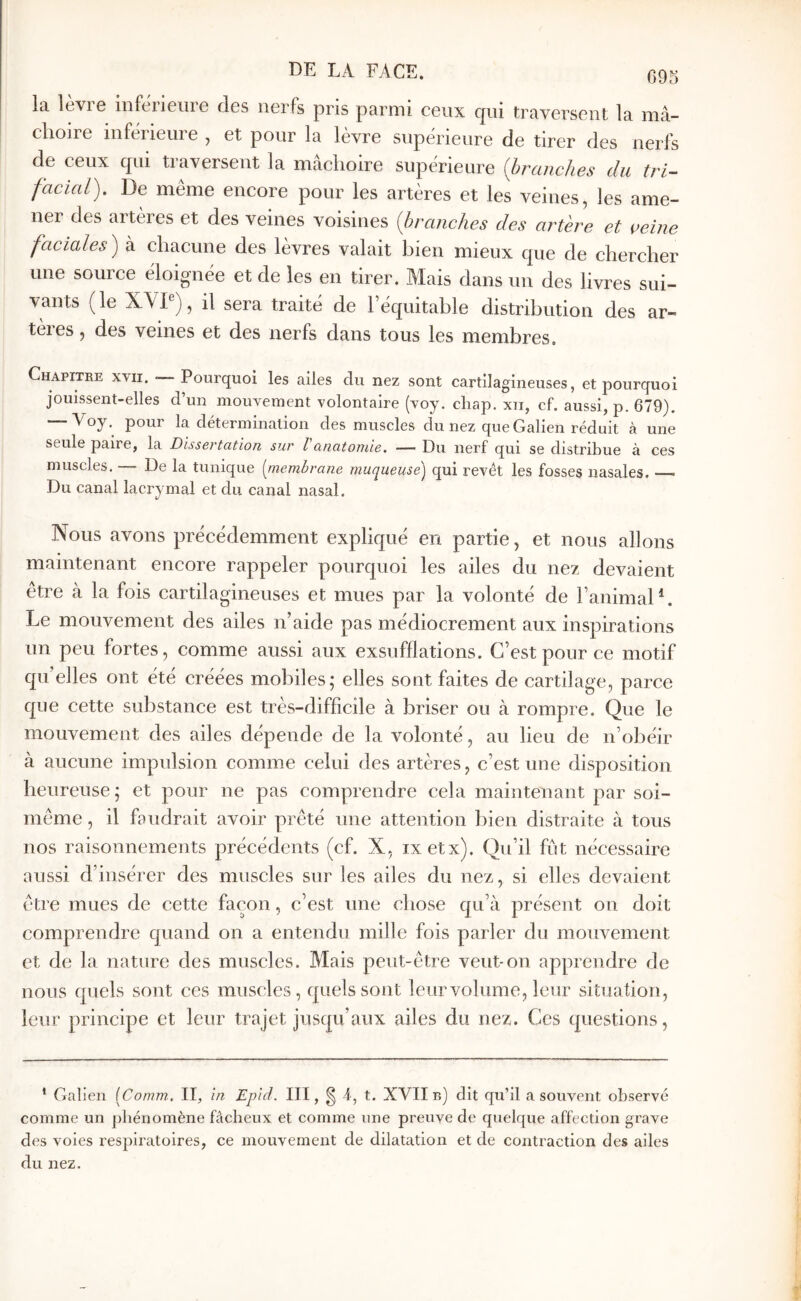 la lèvre inferieure des nerfs pris parmi ceux qui traversent la mâ- choire inférieure , et pour la lèvre supérieure de tirer des nerfs de ceux qui traversent la mâchoire supérieure {branches du tri- facicd). De même encore pour les artères et les veines, les ame- ner des artères et des veines voisines [branches des artère et cerne faciales) à chacune des lèvres valait bien mieux que de chercher une source éloignée et de les en tirer. Mais dans un des livres sui- vants ( le XVP), il sera traité de l’équitable distribution des ar tères, des veines et des nerfs dans tous les membres. Chapitre xvii. Pourquoi les ailes du nez sont cartilagineuses, et pourquoi jouissent-elles d’un mouvement volontaire (voy. cliap. xii, cf. aussi, p. 679). — Voy.^ pour la détermination des muscles cÎu nez que Galien réduit à une seule paire, la Dissevtcition sur l cinatoruie. — Du nerf qui se distribue à ces muscles. — De la tunique [membrane muqueuse) qui revêt les fosses nasales. —· Du canal lacrymal et du canal nasal. Nous avons précédemment expliqué en partie, et nous allons maintenant encore rappeler pourquoi les ailes du nez devaient être à la fois cartilagineuses et mues par la volonté de l’animaD. Le mouvement des ailes n’aide pas médiocrement aux inspirations un peu fortes, comme aussi aux exsufflations. C’est pour ce motif qu’elles ont été créées mobiles; elles sont faites de cartilage, parce que cette substance est très-difficile à briser ou à rompre. Que le mouvement des ailes dépende de la volonté, au lieu de n’obéir à aucune impulsion comme celui des artères, c’est une disposition heureuse ; et pour ne pas comprendre cela maintenant par soi- même , il fondrait avoir prêté une attention bien distraite à tous nos raisonnements précédents (cf. X, ixetx). Qu’il fut nécessaire aussi d’insérer des muscles sur les ailes du nez, si elles devaient être mues de cette façon, c’est une chose qu’à présent on doit comprendre quand on a entendu mille fois parler du mouvement et de la nature des muscles. Mais peut-être veut-on apprendre de nous quels sont ces muscles, quels sont leurvolume, leur situation, leur principe et leur trajet jusqu’aux ailes du nez. Ces questions. ‘ Galien [Comm. II, in Epid. III, § 4, t. XVII b) dit qu’il a souvent observé comme un phénomène fâcheux et comme une preuve de quelque affection grave des voies respiratoires, ce mouvement de dilatation et de contraction des ailes du nez.