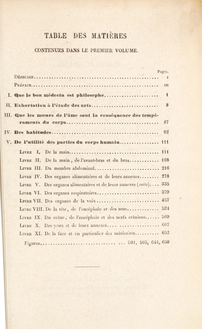 TABLE DES MATIÈRES CONTENUES DANS LE PREMIER VOLUME. Pages. Dédicace i Préface iii I. C|ae le bon médecin est pbOosoplie 1 II. Ëxliortation à l’étnde des arts 8 III. 4|ue les mœurs de Pâme sont la conséquence des tempé- raments du corps 47 lY. i$cs habitudes 92 V. Ke Putilité des parties du corps humain 111 Livre I, De la main 111 Livre II. De la main, de l’avant-bras et du bras 168 Livre III. Du membre abdominal... 216 Livre IV. Des organes alimentaires et de leurs annexes 278 Livre V. Des organes alimentaires et de leurs annexes ... 335 Livre YI. Des organes respiratoires 3/9 Livre YII. Des organes de la voix 457 Livre YIIÎ. De la tête, de l’encépbale et des sens 524 Livre IX. Du crâne, de l’encéphale et des nerfs crâniens 569 Livre X. Des yeux et de leurs annexes 607 Livre XL De la face et en particulier des mâchoires. 652 Figures 501, 505, 644, 650