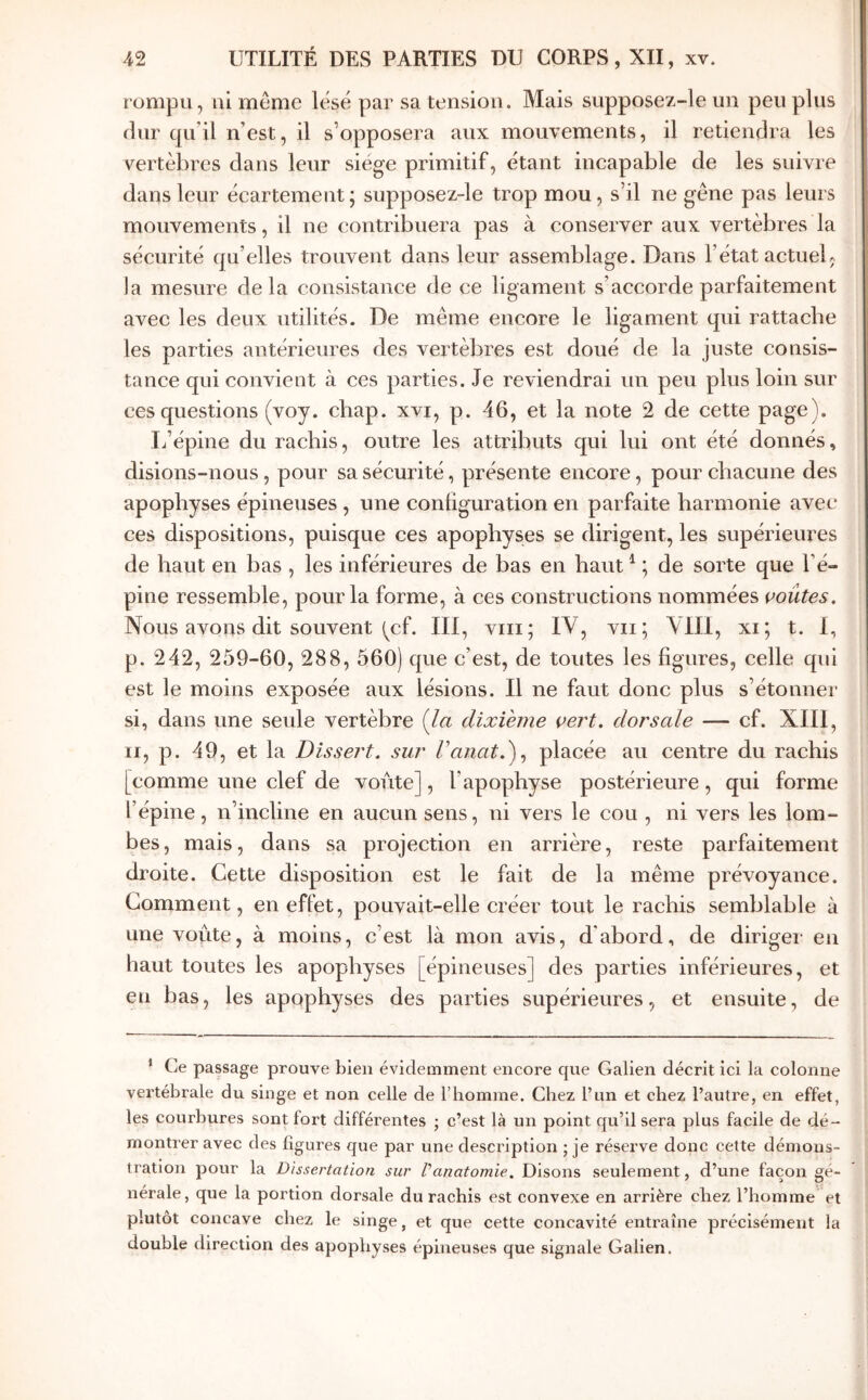 rompu, ui même lésé par sa tension. Mais supposez-le un peu plus ilur qu’il n’est, il s’opposera aux mouvements, il retiendra les vertèbres dans leur siège primitif, étant incapable de les suivre dans leur écartement ; supposez-le trop mou, s’il ne gêne pas leurs mouvements, il ne contribuera pas à conserver aux vertèbres la sécurité qu’elles trouvent dans leur assemblage. Dans l’état actueb. Ja mesure delà consistance de ce ligament s’accorde parfaitement avec les deux utilités. De même encore le ligament qui rattache les parties antérieures des vertèbres est doué de la juste consis- tance qui convient à ces parties. Je reviendrai un peu plus loin sur ces questions (voy. chap. xvi, p. 46, et la note 2 de cette page). L’épine du rachis, outre les attributs qui lui ont été donnés, disions-nous, pour sa sécurité, présente encore, pour chacune des apophyses épineuses , une configuration en parfaite harmonie avec ces dispositions, puisque ces apophyses se dirigent, les supérieures de haut en bas , les inférieures de bas en haut ^ ; de sorte que l’é- pine ressemble, pour la forme, à ces constructions nommées çoûtes. Nous avons dit souvent (^cf. ΙΠ, viii; IV, vu; VIIl, xi; t. 1, p. 242, 259-60, 288, 560) que c’est, de toutes les figures, celle qui est le moins exposée aux lésions. Il ne faut donc plus s’étonner si, dans une seule vertèbre {la dixième <^ert. dorsale — cf. XIII, II, p. 49, et la Dissert, sur Vanatd).^ placée au centre du rachis [comme une clef de voûte], l’apophyse postérieure, qui forme l’épine, n’incline en aucun sens, ni vers le cou , ni vers les lom- bes, mais, dans sa projection en arrière, reste parfaitement droite. Cette disposition est le fait de la même prévoyance. Gomment, en effet, pouvait-elle créer tout le rachis semblable à une voûte, à moins, e’est là mon avis, d'abord, de diriger en haut toutes les apophyses [épineuses] des parties inférieures, et en bas, les apophyses des parties supérieures, et ensuite, de * Ce passage prouve bien évidemment encore que Galien décrit ici la colonne vertébrale du singe et non celle de l’homme. Chez l’un et chez l’autre, en effet, les courbures sont fort différentes ; c’est là un point c[u’il sera plus facile de dé- montrer avec des figures que par une description ; je réserve donc cette démons- tration pour la Dissertation sur Γanatomie. Disons seulement, d’une façon gé- nérale , que la portion dorsale du rachis est convexe en arrière chez l’homme et plutôt concave chez le singe, et que cette concavité enti’aîne précisément la double direction des apophyses épineuses que signale Galien.