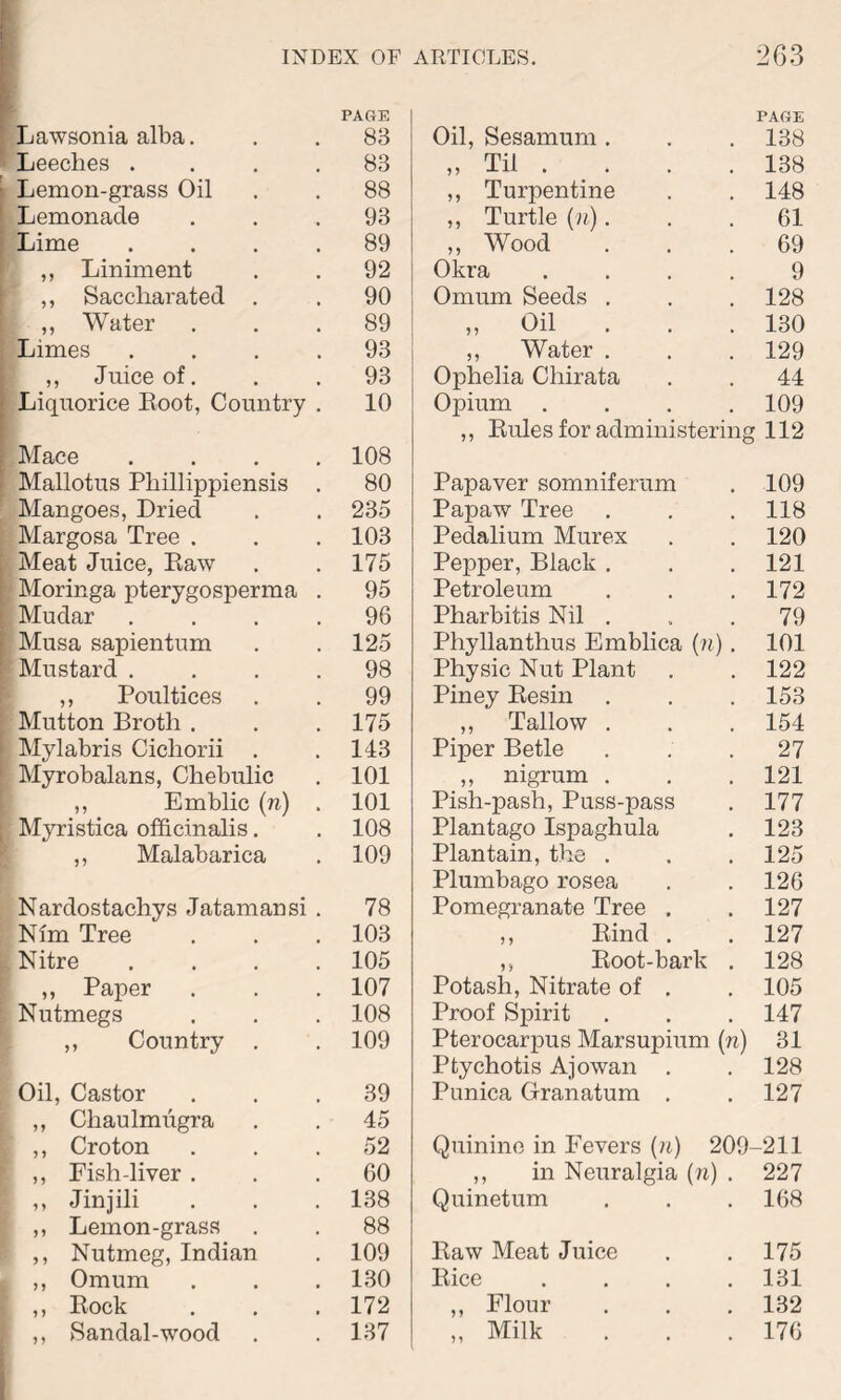 PAGE rAGE Lawsonia alba. 83 Oil, Sesamum . 138 Leeches .... 83 „ Til .... 138 Lemon-grass Oil 88 ,, Turpentine 148 Lemonade 93 ,, Turtle (n). 61 Lime .... 89 „ Wood 69 ,, Liniment 92 Okra .... 9 ,, Saccharated . 90 Omum Seeds . 128 ,, Water 89 „ Oil . 130 Limes .... 93 ,, Water . 129 ,, Juice of. 93 Ophelia Chirata 44 Liquorice Boot, Country . 10 Opium .... 109 ,, Rules for administering 112 Mace .... 108 Mallotus Phillippiensis . 80 Papaver somniferum 109 Mangoes, Dried 235 Papaw Tree 118 Margosa Tree . 103 Pedalium Murex 120 Meat Juice, Raw 175 Pepper, Black . 121 Moringa pterygosperma . 95 Petroleum 172 Mudar .... 96 Pharbitis Nil . 79 Musa sapientum 125 Phyllanthus Emblica (n). 101 Mustard .... 98 Physic Nut Plant 122 ,, Poultices 99 Piney Resin 153 Mutton Broth . 175 ,, Tallow . 154 Mylabris Cichorii . 143 Piper Betle 27 Myrobalans, Chebulic 101 ,, nigrum . 121 ,, Emblic (n) . 101 Pish-pash, Puss-pass 177 Myristica officinalis. 108 Plantago Ispaghula 123 ,, Malabarica 109 Plantain, the . 125 Plumbago rosea 126 Nardostachys Jatamansi . 78 Pomegranate Tree . 127 Nfm Tree 103 ,, Rind . 127 Nitre .... 105 ,, Root-bark . 128 ,, Paper 107 Potash, Nitrate of . 105 Nutmegs 108 Proof Spirit 147 ,, Country . 109 Pterocarpus Marsupium (w) 31 Pfcychotis Ajowan . 128 Oil, Castor 39 Punica Granatum . 127 ,, Chaulmugra 45 ,, Croton 52 Quinine in Fevers (n) 209- -211 ,, Fish-liver . 60 ,, in Neuralgia (n) . 227 ,, Jinjili 138 Quinetum 168 ,, Lemon-grass 88 ,, Nutmeg, Indian 109 Raw Meat Juice 175 ,, Omum 130 Rice .... 131 ,, Rock 172 ,, Flour 132 ,, Sandal-wood 137 ,, Milk 176