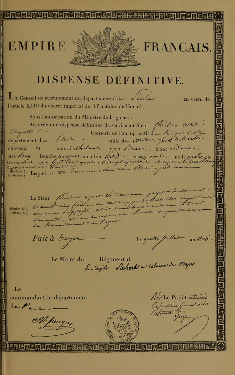 Hcaw EMPIRE FRANÇAIS. DISPENSE DÉEINITIVE. m 7 '^2 en vertu de Tje Conseil de recrutement du département d -e^ Sous l’autorisation du Ministre de la guerre, Accorde une dispense définitive de ser\'ice au Sieur ^ — Conscrit de l’an i4, natif d^ (aille dt,- litru tà^ -^Cx'Q - département d -7' cheveux sourcils Yeux {roal / '' ■ . houche^menton —t—^4^-^ ‘H nez Ole/ Motir« de ) T 1 U reforme. [ LcqUCl visage - né ler7/.zt*-i^ 77:5^ -Jfc 2S la Le Major du Régiment d commandant le département /^L c Préfet <ît ù