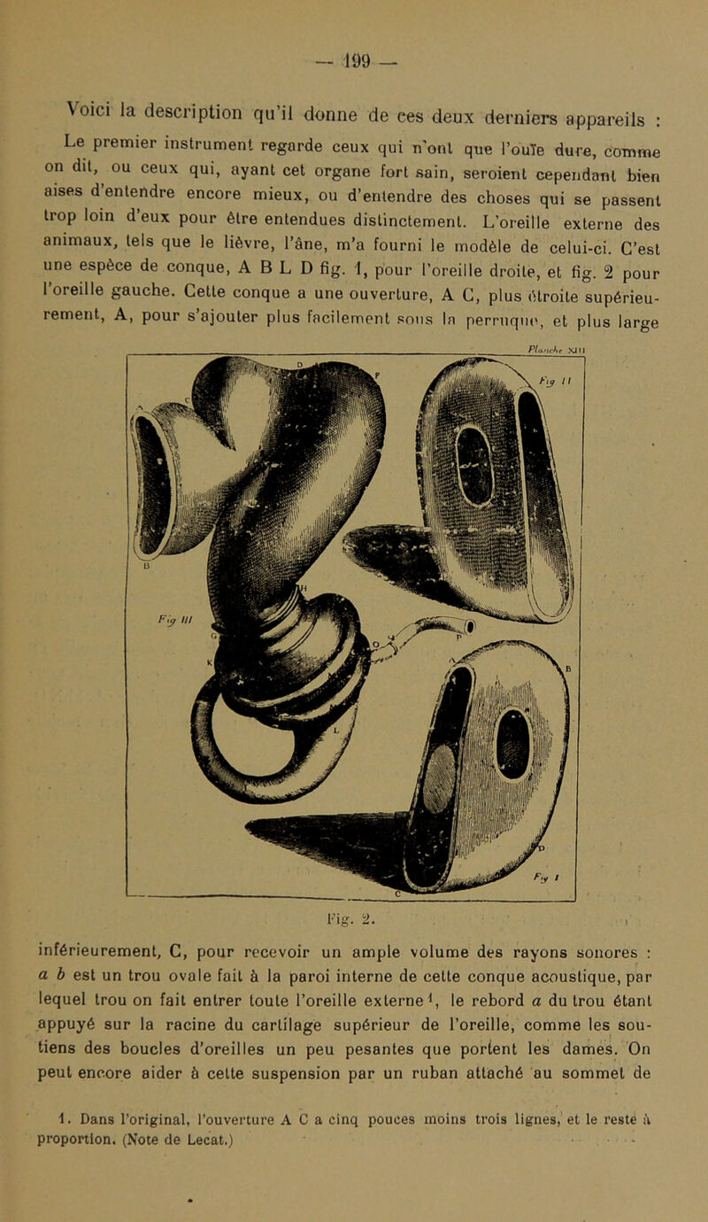 Voici la description qu il donne de ces deux derniers appareils : Le premier instrument regarde ceux qui n ont que l’ouïe dure, comme on dit, ou ceux qui, ayant cet organe fort sain, seroient cependant bien aises d’entendre encore mieux, ou d’entendre des choses qui se passent trop loin d’eux pour être entendues distinctement. L’oreille externe des animaux, tels que le lièvre, l’âne, m’a fourni le modèle de celui-ci. C’est une espèce de conque, A B L D fig. 1, pour l’oreille droite, et fig. 2 pour 1 oreille gauche. Cette conque a une ouverture, A C, plus étroite supérieu- rement, A, pour s ajouter plus facilement .‘?oiis la perruqiu>, et plus large inférieurement, C, pour recevoir un ample volume des rayons sonores : a h est un trou ovale fait à la paroi interne de cette conque acoustique, par lequel trou on fait entrer toute l’oreille externe C le rebord a du trou étant appuyé sur la racine du cartilage supérieur de l’oreille, comme les sou- tiens des boucles d’oreilles un peu pesantes que portent les dames. On peut encore aider à cette suspension par un ruban attaché au sommet de 1. Dans l’original, l’ouverture A C a cinq pouces moins trois lignes,' et le reste â proportion. (Note de Lecat.) .....