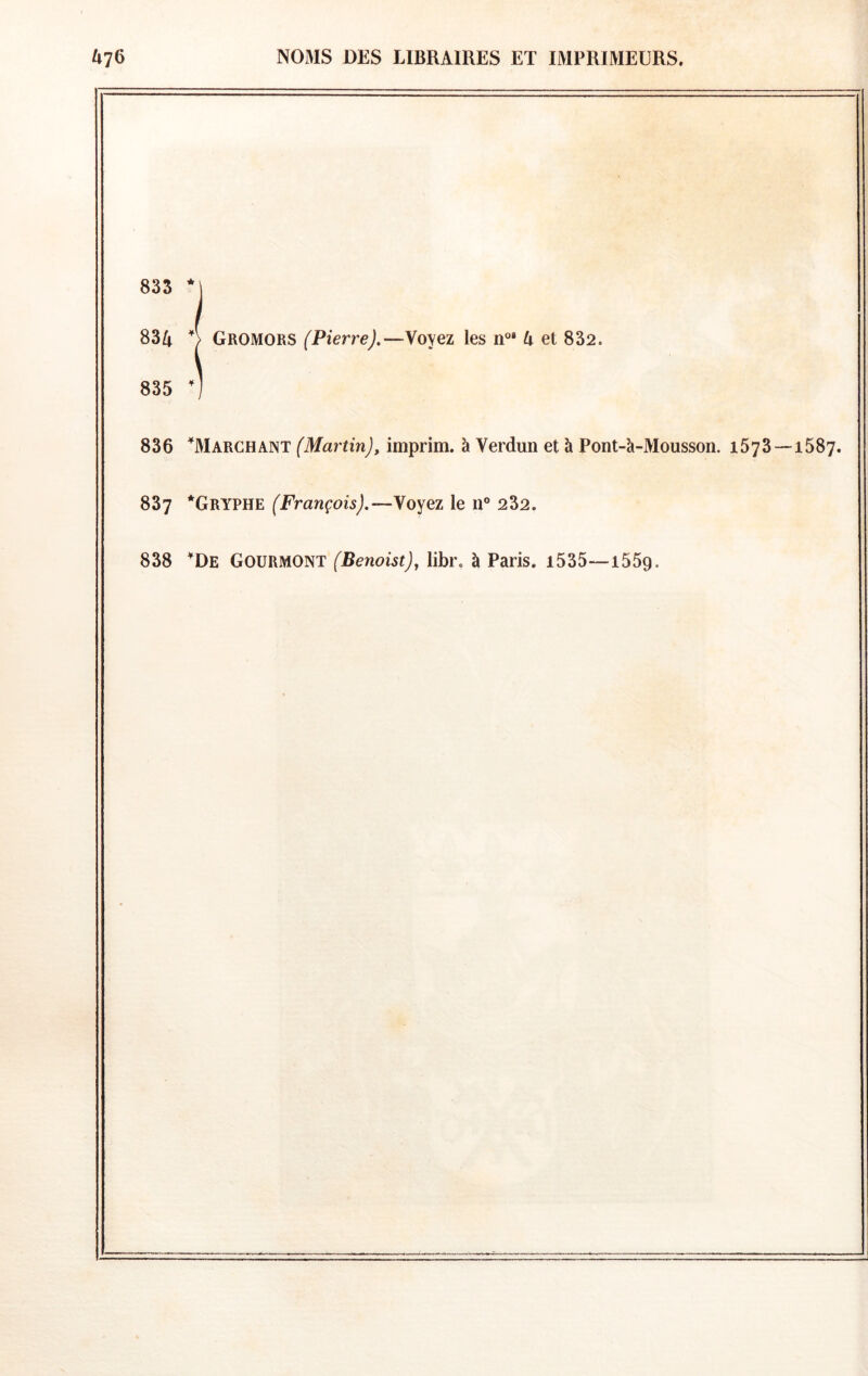 833 834 Gromors (Pierre).—Voyez les n°* U et 832. 835 ’) 836 ^Marchant (Martin), imprim. à Verdun et à Pont-à-Mousson. i573—i587. 837 *Gryphe (François).—YoyQi le n® 232. 838 ^De Goürmont (Benoist), libr. à Paris. i535—1559.