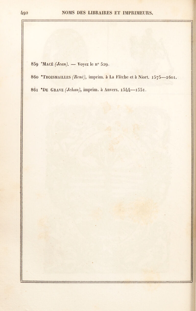 859 ^Macê (Jean). — Voyez le n° 629. 860 *Troismailles (René), imprim. à La Flèche et à Niort. 1575—1601. 861 *De Grave (Jehan), imprim. à Anvers. —i55i.