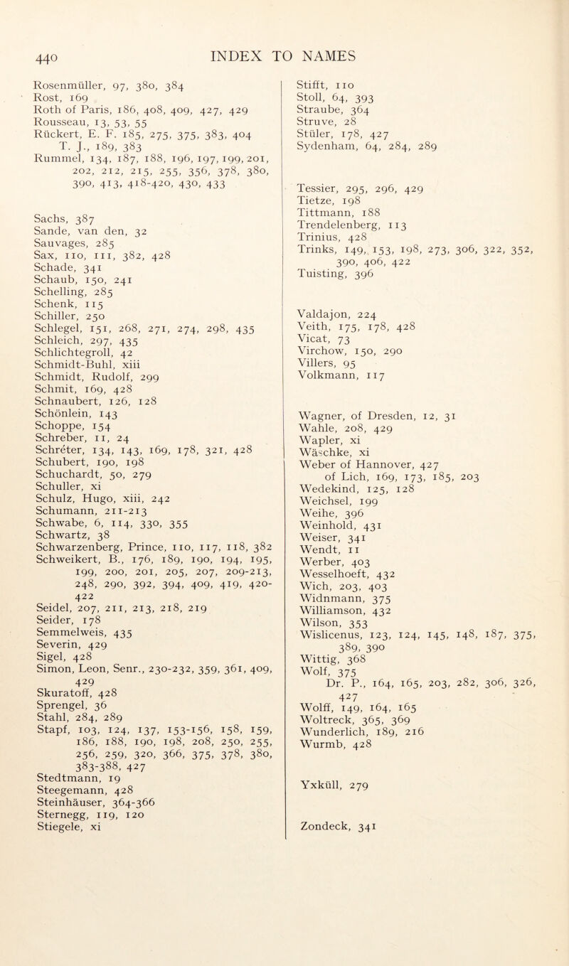 Rosenmüller, 97, 380, 384 Rost, 169 Roth of Paris, 186, 408, 409, 427, 429 Rousseau, 13, 53, 55 Rückert, E. F. 185, 275, 375, 383, 404 T. J., 189, 383 Rummel, 134, 187, 188, 196,197,199,201, 202, 212, 215, 255, 356, 378, 380, 390, 413, 418-420, 430, 433 Sachs, 387 Sande, van den, 32 Sauvages, 285 Sax, HO, III, 382, 428 Schade, 341 Schaub, 150, 241 Schelling, 285 Schenk, 115 Schiller, 250 Schlegel, 151, 268, 271, 274, 298, 435 Schleich, 297, 435 Schlichtegroll, 42 Schmidt-Buhl, xiii Schmidt, Rudolf, 299 Schmit, 169, 428 Schnaubert, 126, 128 Schönlein, 143 Schoppe, 154 Schreber, ii, 24 Schreter, 134, 143, 169, 178, 321, 428 Schubert, 190, 198 Schuchardt, 50, 279 Schuller, xi Schulz, Hugo, xiii, 242 Schumann, 211-213 Schwabe, 6, 114, 330, 355 Schwartz, 38 Schwarzenberg, Prince, no, 117, 118, 382 Schweikert, B., 176, 189, 190, 194, 195, 199, 200, 201, 205, 207, 209-213, 248, 290, 392, 394, 409, 419, 420- 422 Seidel, 207, 211, 213, 218, 219 Seider, 178 Semmelweis, 435 Severin, 429 Sigel, 428 Simon, Leon, Senr., 230-232, 359, 361, 409, 429 Skuratoff, 428 Sprengel, 36 Stahl, 284, 289 Stapf, 103, 124, 137, 153-156, 158, 159, 186, 188, 190, 198, 208, 250, 255, 256, 259, 320, 366, 375, 378, 380, 383-388, 427 Stedtmann, 19 Steegemann, 428 Steinhäuser, 364-366 Sternegg, 119, 120 Stiegele, xi Stifft, HO Stoll, 64, 393 Straube, 364 Struve, 28 Stüler, 178, 427 Sydenham, 64, 284, 289 Tessier, 295, 296, 429 Tietze, 198 Tittmann, 188 Trendelenberg, 113 Trinius, 428 Brinks, 149,. 153, 198, 273, 306, 322, 352, 390, 406, 422 Tuisting, 396 Valdajon, 224 Veith, 175, 178, 428 Vicat, 73 Virchow, 150, 290 Villers, 95 Volkmann, 117 Wagner, of Dresden, 12, 31 Wahle, 208, 429 Wapler, xi Wäschke, xi Weber of Hannover, 427 of Lieh, 169, 173, 185, 203 Wedekind, 125, 128 Weichsel, 199 Weihe, 396 Weinhold, 431 Weiser, 341 Wendt, 11 Werber, 403 Wesselhoeft, 432 Wich, 203, 403 Widnmann, 375 Williamson, 432 Wilson, 353 Wislicenus, 123, 124, 145, 148, 187, 375, 389, 390 Wittig, 368 Wolf, 375 Dr. P., 164, 165, 203, 282, 306, 326, 427 Wolff, 149, 164, 165 Woltreck, 365, 369 Wunderlich, 189, 216 Wurmb, 428 Yxküll, 279 Zondeck, 341