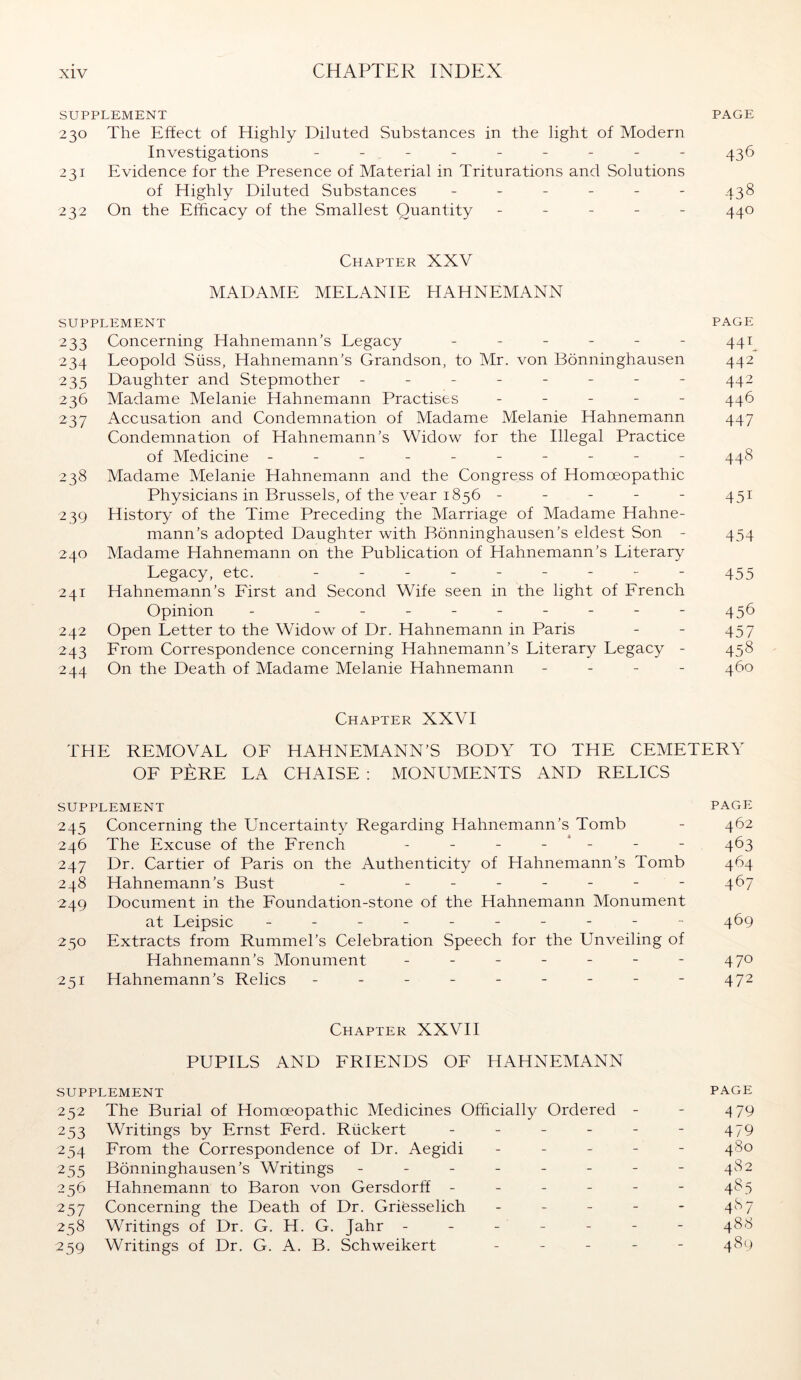 SUPPLEMENT PAGE 230 The Effect of Highly Diluted Substances in the light of Modern Investigations - - . - - - - - - 436 231 Evidence for the Presence of Material in Triturations and Solutions of Highly Diluted Substances - - - - - - 438 232 On the Efficacy of the Smallest Quantity ----- 440 Chapter XXV MADAME MELANIE HAHNEMANN SUPPLEMENT PAGE 233 Concerning Hahnemann’s Legacy - - - - - - 441 234 Leopold Süss, Hahnemann’s Grandson, to Mr. von Bönninghausen 442 235 Daughter and Stepmother -------- 442 236 Madame Melanie Hahnemann Practises ----- 446 237 Accusation and Condemnation of Madame Melanie Hahnemann 447 Condemnation of Hahnemann’s Widow for the Illegal Practice of Medicine --------- - 448 238 Madame Melanie Hahnemann and the Congress of Homoeopathic Physicians in Brussels, of the year 1856 - - - - - 451 239 History of the Time Preceding the Marriage of Madame Hahne- mann’s adopted Daughter with Bönninghausen’s eldest Son - 454 240 Madame Hahnemann on the Publication of Hahnemann’s Literary Legacy, etc. --------- 455 241 Hahnemann’s First and Second Wife seen in the light of French Opinion - - -- -- -- -- 456 242 Open Letter to the Widow of Dr. Hahnemann in Paris - - 457 243 From Correspondence concerning Hahnemann’s Literary Legacy - 458 244 On the Death of Madame Melanie Hahnemann - - - - 460 Chapter XXVI THE REMOVAL OF HAHNEMANN’S BODY TO THE CEMETERY OF PARE LA CHAISE : MONUMENTS AND RELICS SUPPLEMENT PAGE 245 Concerning the Uncertainty Regarding Hahnemann’s Tomb - 462 246 The Excuse of the French - - - - ‘ - - - 463 247 Dr. Cartier of Paris on the Authenticity of Hahnemann’s Tomb 464 248 Hahnemann’s Bust - - -- -- -- 467 249 Document in the Foundation-stone of the Hahnemann Monument at Leipsic - -- -- -- -- - 469 250 Extracts from Rummel’s Celebration Speech for the Unveiling of Hahnemann’s Monument - - - - - - - 47° 251 Hahnemann’s Relics - - - - - - - - - 472 Chapter XXVII PUPILS AND FRIENDS OF HAHNEMANN SUPPLEMENT PAGE 252 The Burial of Homoeopathic Medicines Officially Ordered - - 479 253 Writings by Ernst Ferd. Rückert ------ 479 254 From the Correspondence of Dr. Aegidi ----- 480 2 55 Bönninghausen’s Writings - - - - - - - - 482 256 Hahnemann to Baron von Gersdorff - - - - - - 485 257 Concerning the Death of Dr. Griesselich - - - - - 487 258 Writings of Dr. G. H. G. Jahr ------- 488 259 Writings of Dr. G. A. B. Schweikert ----- 489