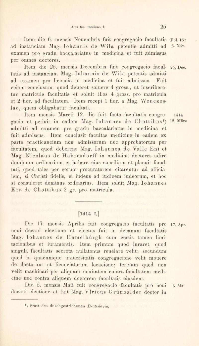 Item die 6. mensis Nouembris fuit congregacio facultatis ad instanciam Mag. Iohannis de Wila petentis admitti ad examen pro gradu baccalariatus in medicina et fuit admissus per omnes doctores. Item die 25. mensis Deeembris fuit congregacio facul- tatis ad instanciam Mag. Iohannis de Wila petentis admitti ad examen pro licencia in medicina et fuit admissus. Fuit eciam conclusum, quod deberet soluere 4 gross.; ut inseribere- tur matricule facultatis et soluit illos 4 gross, pro matricula et 2 flor. ad facultatem. Item recepi 1 flor. a Mag. Wenczes- lao; quem obligabatur facultati. Item mensis Marcii 12. die fuit facta facultatis congre- gacio et petiuit in eadem Mag. Io bann es de Chottibus1) admitti ad examen pro gradu baccalariatus in medicina et fuit admissus. Item conclusit facultas medicine in eadem ex parte practicancium non admissorum nec approbatorum per facultatem, quod deberent Mag. Iohannes de Valle Eni et Mag. Nicolaus de Hebresdorff in medicina doctores adire dominum ordinarium et habere eius consilium et placuit facul- tati, quod tales per eorum procuratorem citarentur ad officia- lem, si Christi fidelis, si iudeus ad iudicem iudeorum, et hoc si consuleret dominus Ordinarius. Item soluit Mag. Iohannes Kra de Chottibus 2 gr. pro matricula. [1414 I.] Die 17. mensis Aprilis fuit congregacio facultatis pro noui decani electione et electus fuit in decanum facultatis Mag. Iohannes de Hamelbürgk cum certis tarnen limi- tacionibus et iuramentis. Item primum quod iuraret, quod singula facultatis secreta nullatenus reuelare velit; secundum quod in quacumque uniuersitatis congregacione velit mouere de doctorum et licenciatorum locacione; tercium quod non velit maehinari per aliquam nouitatem contra facultatem medi- cine nec contra aliquem doetorem facultatis eiusdem. Die 5. mensis Maii fuit congregacio facultatis pro noui decani electione et fuit Mag. VJricus Grünbalder doctor in Fol. 18a 6. Nov. 25. Dec. 1414 12. März 17. Apr. 5. Mai 1) Statt des durchgestrichenen Bratislavia.