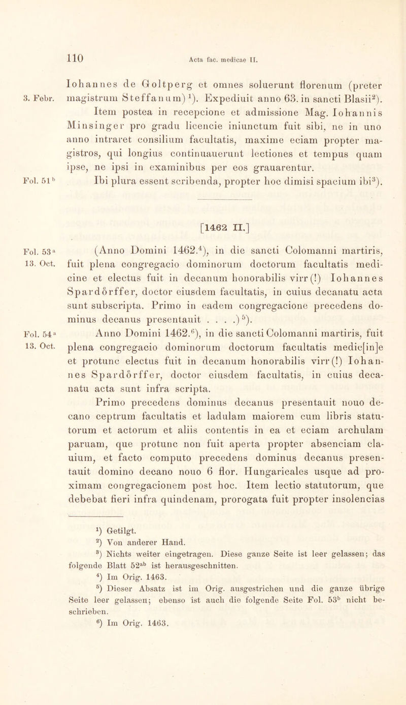 3. Febr. Fol. 51b Fol. 53 a 13. Oct. Fol. 54 a 13. Oct. Iohannes de Goltperg et omnes soluerunt florenum (preter magistrum Steffan um)1). Expediuit anno 63. in sancti Blasii2). Item postea in recepeione et admissione Mag. lohannis Min sing er pro gradu licencie iniunctum fuit sibi, ne in uno anno intraret eonsilium facultatis, maxime eciam propter ma- gistros, qui longius continuauerunt lectiones et tempus quam ipse, ne ipsi in examinibus per eos grauarentur. Ibi plura essent scribenda, propter hoc dimisi spaeium ibi3). [1462 II.] (Anno Domini 1462.4), in die sancti Colomanni martiris, fuit plena congregacio dominorum doctorum facultatis medi- eine et electus fuit in decanum honorabilis virr (!) Iohannes Spardorffer, doctor eiusdem facultatis, in cuius decanatu acta sunt subscripta. Primo in eadem congregacione precedens do- minus decanus presentauit . . . .)5). Anno Domini 1462.6), in die sancti Colomanni martiris, fuit plena congregacio dominorum doctorum facultatis medic[in]e et protunc electus fuit in decanum honorabilis virr(!) Iohan- nes Spardorffer, doctor eiusdem facultatis, in cuius deca- natu acta sunt infra scripta. Primo precedens dominus decanus presentauit nouo de- cano ceptrum facultatis et ladulam maiorem cum libris statu- torum et actorum et aliis contentis in ea et eciam archulam paruam, que protunc non fuit aperta propter absenciam cla- uium, et facto computo precedens dominus decanus presen- tauit domino decano nouo 6 flor. Hungaricales usque ad pro- ximam congregacionem post hoc. Item lectio statutoruin, que debebat fieri infra quindenam, prorogata fuit propter insolencias x) Getilgt. 2) Von anderer Hand. 3) Nichts weiter eingetragen. Diese ganze Seite ist leer gelassen; das folgende Blatt 52ab ist lierausgeschnitten. 4) Im Orig. 1463. 5) Dieser Absatz ist im Orig, ausgestrichen und die ganze übrige Seite leer gelassen; ebenso ist auch die folgende Seite Fol. 53b nicht be- schrieben. 6) Im Orig. 1463.