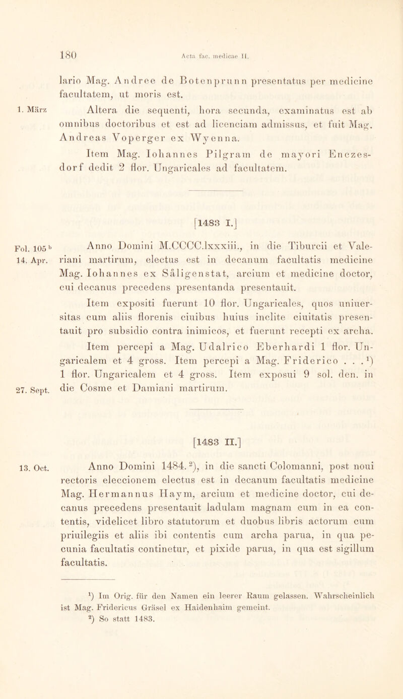 1. März Fol. 105 b 14. Apr. 27. Sept. 13. Oct. lario Mag. Andree de Botenprunn presentatus per medicine facultatenq ut moris est. Altera die sequenti; hora secunda, examinatus est ab Omnibus doctoribus et est ad licenciam admissus, et fuit Mag. Andreas Voperger ex Wyenna. Item Mag. Johannes Pilgram de mayori Enczes- dorf dedit 2 flor. Ungaricales ad facultatem. [1483 I.] Anno Domini M.CCCC.lxxxiii., in die Tiburcii et Vale- riani martirum, electus est in decanum facultatis medicine Mag. Iohannes ex Saligenstat, arcium et medicine doctor, cui decanus precedens presentanda presentauit. Item expositi fuerunt 10 flor. Ungaricales^ quos uniuer- sitas cum aliis florenis ciuibus huius inclite ciuitatis presen- tauit pro subsidio contra inimicos, et fuerunt recepti ex archa. Item percepi a Mag. Udalrico Eber har di 1 flor. Un- garicalem et 4 gross. Item percepi a Mag. Friderico . . .x) 1 flor. IJngaricalem et 4 gross. Item exposui 9 sol. den. in die Cosme et Damiani martirum. [1483 II.] Anno Domini 1484. * 2)? in die sancti Colomanni, post noui rectoris eleccionem electus est in decanum facultatis medicine Mag. Hermannus Haynq arcium et medicine doctoiq cui de- canus precedens presentauit ladulam magnam cum in ea eon- tentis? videlicet libro statutorum et duobus libris actorum cum priuilegiis et aliis ibi contentis cum archa parua, in qua pe- cunia facultatis continetur, et pixide parua, in qua est sigillum facultatis. 0 Im Orig, für den Namen ein leerer Raum gelassen. Wahrscheinlich ist Mag. Fridericus Gräsel ex Haidenhaim gemeint. 2) So statt 1483.