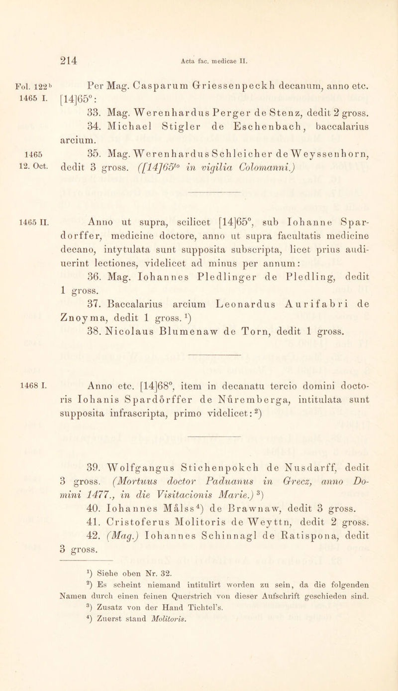Fol. 122 b 1465 I. 1465 12. Oct. 1465 II. 1468 I. Per Mag. Casparum Griessenp eck h decanum, anno etc. [14] 65°: 33. Mag. Werenhardus Per ge r de Stenz, dedit 2 gross. 34. Michael Stigler de Eschenbach, baccalarius arcium. 35. Mag. WerenhardusSchleicherdeWeyssenhorn, dedit 3 gross. ([14]65to in vigilia Colomanni.) Anno ut supra, scilicet [14]65°, sub loh an ne Spar- dorff er, medicine doctore, anno ut supra facultatis medicine decano, intytulata sunt supposita subscripta, licet prius audi- uerint lectiones, yidelicet ad minus per annum: 36. Mag. Iohannes Pledlinger de Pledling, dedit 1 gross. 37. Baccalarius arcium Leonardus Aurifabri de Znoyma, dedit 1 gross.1) 38. Nicolaus Blumenaw de Tom, dedit 1 gross. Anno etc. [14]68°, item in decanatu tercio domini docto- ris Iohanis Spardörffer de Nuremberga, intitulata sunt supposita infrascripta, primo yidelicet:2) 39. Wolfgangus Stichenpokch de Nusdarff, dedit 3 gross. (Mortuus doctor Paduanus in Grecz, anno Do- mini 1477in die Visitacionis Marie.) 3) 40. Iohannes Mälss4) de Brawnaw, dedit 3 gross. 41. Cristoferus Molitoris deWeyttn, dedit 2 gross. 42. (Mag.) Iohannes Schinnagl de Ratispona, dedit 3 gross. x) Siehe oben Nr. 32. 2) Es scheint niemand intitulirt worden zu sein, da die folgenden Namen durch einen feinen Querstrich von dieser Aufschrift geschieden sind. 3) Zusatz von der Hand Tichtel’s. 4) Zuerst stand Molitoy'is.