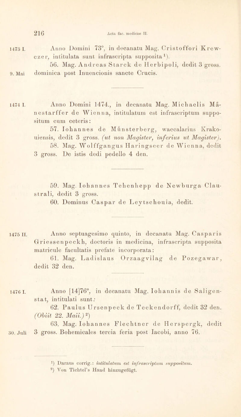 1473 I. 9. Mai 1474 I. 1475 II. 1476 I. 30. Juli Anno Domini 73°, in decanatu Mag. Cristoffori Krew- czer; intitulata sunt infrascripta supposita1). 56. Mag. Andreas Starck de Herbipoli, dedit 3 gross, dominica post Inuencionis sancte Crucis. Anno Domini 1474., in decanatu Mag. Michaelis Mä- nestarffer de Wien na, intitulatum est infrascriptum Suppo- situm cum ceteris: 57. Johannes de Munsterberg, waccalarius Ivrako- uiensis, dedit 3 gross, (ut non Magister, inferius ut Magister). 58. Mag. Wolffgangus Haringseer de Wienna, dedit 3 gross. De istis dedi pedello 4 den. 59. Mag. Iohannes Tehenhepp de Newburga Clau- strali, dedit 3 gross. 60. Dominus Caspar de Leytschouia, dedit. Anno septuagesimo quinto, in decanatu Mag. Casparis Griessenpeckh, doctoris in medicina, infrascripta supposita matricule facultatis prefate incorporata: 61. Mag. Ladislaus Orzaagvilag de Pozegawar, dedit 32 den. Anno [14]76°, in decanatu Mag. Iohannis de Saligen- stat, intitulati sunt: 62. Paulus Ursenpeck de Teckendorff, dedit 32 den. (Obiit 22. Mail) 2) 63. Mag. Iohannes Flechtner de Herspergk, dedit 3 gross. Bohemicales tercia feria post Iacobi, anno 76. *) Daraus corrig.: intitulatum est infrascriptum suppositum. 2) Von Ticlitel’s Hand hinzugefügt.