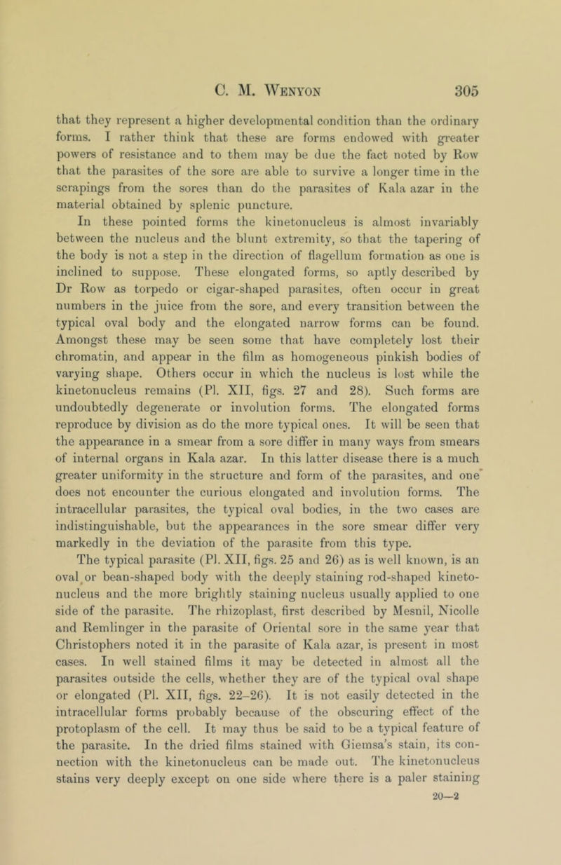 that they represent a higher developmental condition than the ordinary forms. I rather think that these are forms endowed with greater powers of resistance and to them may be due the fact noted by Row that the parasites of the sore are able to survive a longer time in the scrapings from the sores than do the parasites of Kala azar in the material obtained by splenic puncture. In these pointed forms the kinetonucleus is almost invariably between the nucleus and the blunt extremity, so that the tapering of the body is not a step in the direction of flagellum formation as one is inclined to suppose. These elongated forms, so aptly described by Dr Row as torpedo or cigar-shaped parasites, often occur in great numbers in the juice from the sore, and every transition between the typical oval body and the elongated narrow forms can be found. Amongst these may be seen some that have completely lost their chromatin, and appear in the film as homogeneous pinkish bodies of varying shape. Others occur in which the nucleus is lost while the kinetonucleus remains (PI. XII, figs. 27 and 28). Such forms are undoubtedly degenerate or involution forms. The elongated forms reproduce by division as do the more typical ones. It will be seen that the appearance in a smear from a sore differ in many ways from smears of internal organs in Kala azar. In this latter disease there is a much greater uniformity in the structure and form of the parasites, and one’ does not encounter the curious elongated and involution forms. The intracellular parasites, the typical oval bodies, in the two cases are indistinguishable, but the appearances in the sore smear differ very markedly in the deviation of the parasite from this type. The typical parasite (PI. XII, figs. 25 and 26) as is well known, is an oval^or bean-shaped bod}'^ with the deeply staining rod-shaped kineto- nucleus and the more brightly staining nucleus usually applied to one side of the parasite. The rhizoplast, first described by Mesnil, Nicolle and Remlinger in the parasite of Oriental sore in the same year that Christophers noted it in the parasite of Kala azar, is present in most cases. In well stained films it may be detected in almost all the parasites outside the cells, whether they are of the typical oval shape or elongated (PI. XII, figs. 22-26). It is not easily detected in the intracellular forms probably because of the obscuring effect of the protoplasm of the cell. It may thus be said to be a typical feature of the parasite. In the dried films stained with Giemsa’s stain, its con- nection with the kinetonucleus can be made out. The kinetonucleus stains very deeply except on one side where there is a paler staining 20—2