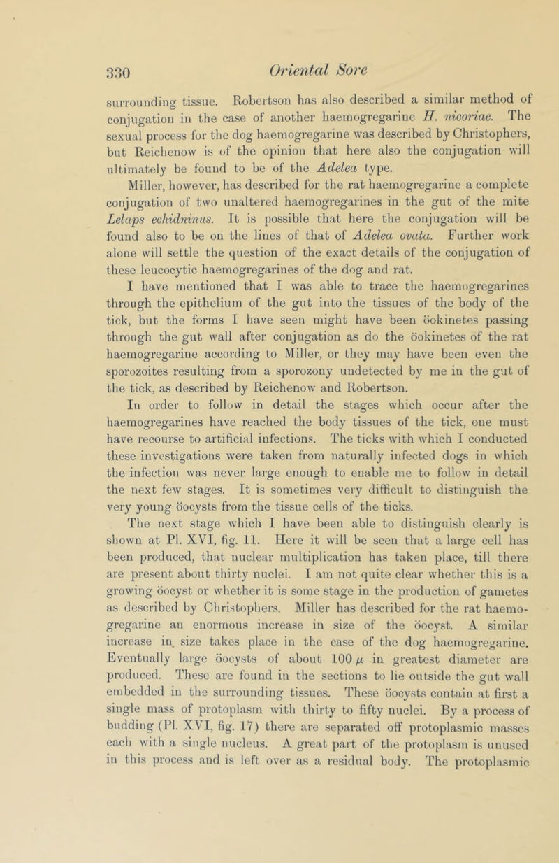 830 surrounding tissue. Robertson has also described a similar method of conjugation in the case of another haemogregarine H. niconae. The sexual process for the dog haemogregarine was described by Christophers, but Reichcnow is of the opinion that here also the conjugation will ultimately be found to be of the Adelea type. Miller, however, has described for the rat haemogregarine a complete conjugation of two unaltered haemogregarines in the gut of the mite Lelaps eGhidniniis. It is possible that here the conjugation will be found also to be on the lines of that of Adelea ovata. Further work alone will settle the question of the exact details of the conjugation of these leucocytic haemogregarines of the dog and rat. I have mentioned that I was able to trace the haemogregarines through the epithelium of the gut into the tissues of the body of the tick, but the forms I have seen might have been ookinetes passing through the gut wall after conjugation as do the ookinetes of the rat haemogregarine according to Miller, or they may have been even the sporozoites resulting from a sporozony undetected by me in the gut of the tick, as described by Reichenow and Robertson. In order to follow in detail the stages which occur after the haemogregarines have reached the body tissues of the tick, one must have recourse to artificial infections. The ticks with which I conducted these investigations were taken from naturally infected dogs in which the infection was never lai-ge enough to enable me to follow in detail the next few stages. It is sometimes very difficult to distinguish the very young oocysts from the tissue cells of the ticks. The next stage which I have been able to distinguish clearly is shown at PI. XVI, fig. 11. Here it will be seen that a large cell has been produced, that nuclear multiplication has taken place, till there are present about thirty nuclei. I am not quite clear whether this is a growing oocyst or whether it is some stage in the production of gametes as described by Christophers. Miller has described for the rat haemo- gregarine an enormous increase in size of the oocyst. A similar increase in. size takes place in the case of the dog haemogregarine. Eventually large oocysts of about 100 /u. in greatest diameter are produced. These are found in the sections to lie outside the gut wall embedded in the surrounding tissues. These oocysts contain at first a single mass of protoplasm with thirty to fifty nuclei. By a process of budding (PI. XVI, fig. 17) there are separated off protoplasmic masses each with a single nucleus. A great part of the protoplasm is unused in this process and is left over as a residual body. The protoplasmic