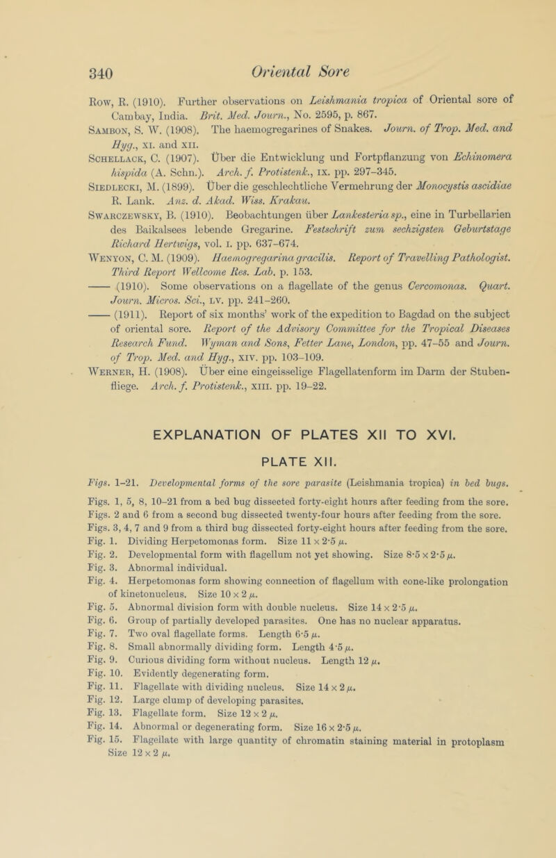 Row, R. (1910). Further observations on Leishmania tropica of Oriental sore of Cambay, India. Brit. Med. Journ.., No. 2595, p. 867. Sambon, S. W. (1908). The haemogregarines of Snakes. Journ. of Trop. Med. and Hyg., XI. and xii. SCHELLACK, C. (1907). Uber die Entwicklurig und Fortpflanzung von Echinomera hispida (A. Schn.). Arch. f. Protistenk., ix. pp. 297-345. SiEDLECKi, M. (1899). tiber die geschlechtliche Vermehrung der Monocystis ascidiae R. Lank. Am. d. Akad. IFiss. Krakaih. SwARCZEWSKY, B. (1910). Beobachtungeu liber sp., eine in Turbellanen des Baikalsees lebende Gregarine. Festschrift zum sechzigsten Geburtstage Richard llertwigs, vol. l. pp. 637-674. Wenyon, C. M. (1909). Jlaeniogregarina gracilis. Report of Travelling Pathologist. Third Report Wellcome Res. Lab. p. 153. (1910). Some observations on a flagellate of the genus Cercomonas. Quart. Journ. Micros. Sci., LV. pp. 241-260. (1911). Report of six months’ work of the expedition to Bagdad on the subject of oriental sore. Report of the Advisory Committee for the Tropical Diseases Research Fund. Wyman and Sons, Fetter Lane, London, pp. 47-55 and Journ. of Trop. Med. and Hyg., xiv. pp. 103-109. Werner, H. (1908). Uber eine eingeisselige Flagellatenform im Darm der Stuben- fliege. Arch. f. Protistenk., xiii. pp. 19-22. EXPLANATION OF PLATES XII TO XVI. PLATE XII. Figs. 1-21. Developmental forms of the sore parasite (Leishmania tropica) in bed bugs. Figs. 1, 5, 8, 10-21 from a bed bug dissected forty-eight hours after feeding from the sore. Figs. 2 and 6 from a second bug dissected twenty-four hours after feeding from the sore. Figs. 3, 4, 7 and 9 from a third bug dissected forty-eight hours after feeding from the sore. Fig. 1. Dividing Herpetomonas form. Size 11 x 2-5 fi. Fig. 2. Developmental form with flagellum not yet showing. Size 8‘5 x 2’5 fi. Fig. 3. Abnormal individual. Fig. 4. Herpetomonas form showing connection of flagellum with cone-like prolongation of kinetonucleus. Size 10 x 2 /r. Fig. 5. Abnormal division form with double nucleus. Size 14 x 2’5 /x. Fig. 6. Group of partially developed parasites. One has no nuclear apparatus. Fig. 7. Two oval flagellate forms. Length 6‘5/a. Fig. 8. Small abnormally dividing form. Length 4‘5/a. Fig. 9. Curious dividing form without nucleus. Length 12 /x. Fig. 10. Evidently degenerating form. Fig. 11. Flagellate with dividing nucleus. Size 14 x 2/4. Fig. 12. Large clump of developing parasites. Fig. 13. Flagellate form. Size 12 x 2 /4. Fig. 14. Abnormal or degenerating form. Size 16 x 2-5 fx. Fig. 15. Flagellate with large quantity of chromatin staining material in protoplasm Size 12 X 2 /t.