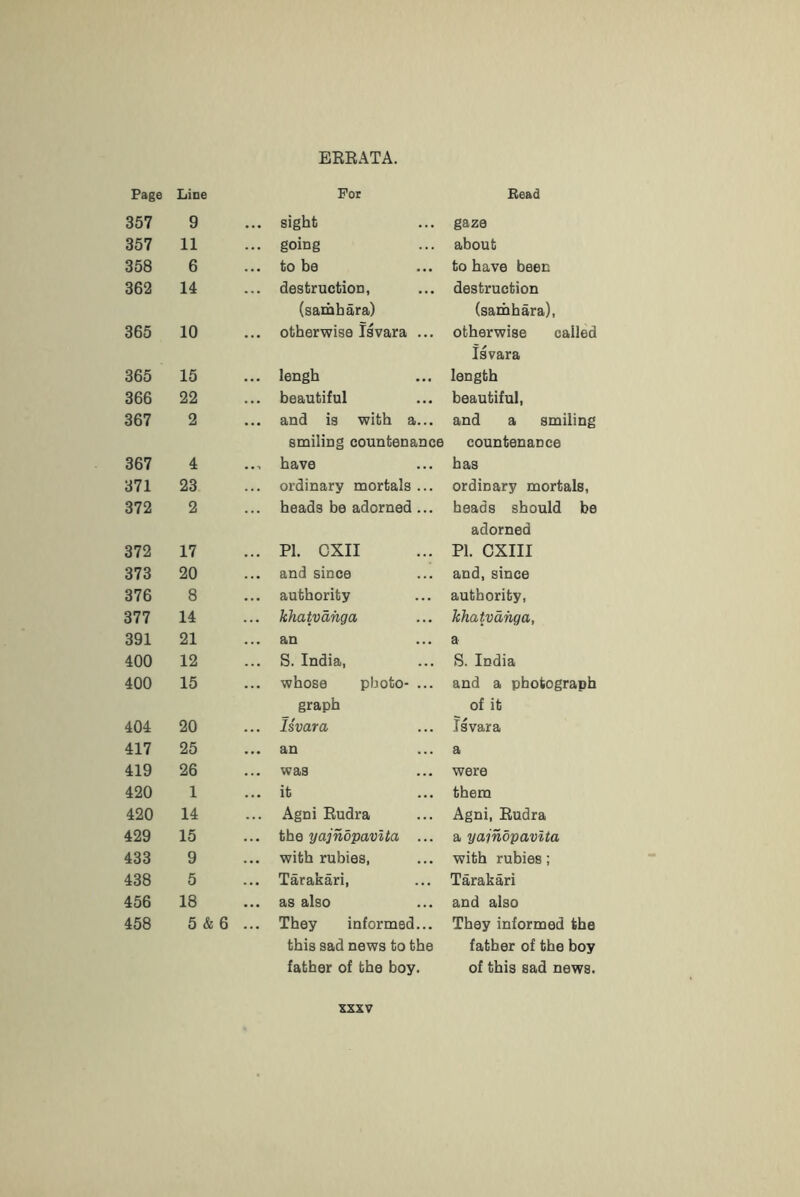357 357 358 362 365 365 366 367 367 371 372 372 373 376 377 391 400 400 404 417 419 420 420 429 433 438 456 458 EREATA. 9 . sight gaze 11 . going about 6 . to be to have been 14 . destruction, destruction (samhara) (sarhhara), 10 . otherwise Isvara ... otherwise called Isvara 15 . lengh length 22 . beautiful beautiful, 2 . and is with a... and a smiling smiling countenance countenance 4 , have has 23 . ordinary mortals ... ordinary mortals. 2 . heads be adorned ... heads should be adorned 17 . PI. OXII PI. CXIII 20 . and since and, since 8 . authority authority. 14 . khatvdhga khatvdhga, 21 . an a 12 . S. India, S. India 15 . whoso photo- ... and a photograph graph of it 20 . Isvara Isvara 25 . an a 26 was were 1 . it them 14 . Agni Rudra Agni, Rudra 15 . the yajndpavita ... a yajndpavita 9 . with rubies. with rubies; 5 . Tarakari, Tarakari 18 . as also and also 5 & 6 . . They informed... They informed the this sad news to the father of the boy father of the boy. of this sad news.