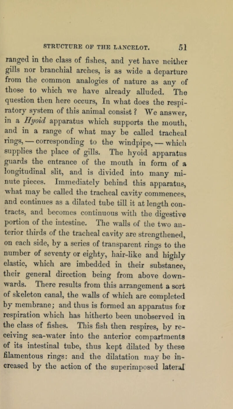 ranged in the class of fishes, and yet have neither gills nor branchial arches, is as wide a departure from the common analogies of nature as any of those to which we have already alluded. The question then here occurs. In what does the respi- ratory system of this animal consist ? W^e answer, in a Hyoid apparatus which supports the mouth, and in a range of what may be called tracheal — corresponding to the windpipe, — which supplies the place of gills. The hyoid apparatus guards the entrance of the mouth in form of a longitudinal slit, and is divided into many mi- nute pieces. Immediately behind this apparatus, what may be called the tracheal cavity commences, and continues as a dilated tube till it at length con- tracts, and becomes continuous with the digestive portion of the intestine. The walls of the two an- terior thirds of the tracheal cavity are strengthened, on each side, by a series of transparent rings to the number of seventy or eighty, hair-like and higlily elastic, which are imbedded in their substance, their general direction being from above down- wards. There results from this arrangement a sort of skeleton canal, the walls of which are completed by membrane j and thus is formed an apparatus for respiration which has hitherto been unobserved in the class of fishes. This fish then respires, by re- ceiving sea-water into the anterior compartments of its intestinal tube, thus kept dilated by these filamentous rings: and the dilatation may be in- creased by the action of the superimposed lateral