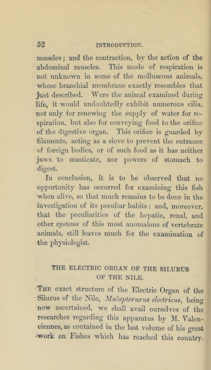 muscles; and the contraction, by the action of the abdominal muscles. This mode of respiration is not unknoATO in some of the molluscous animals, whose branchial membrane exactly resembles tliat Just described. Were the animal examined during life, it would undoubtedly exhibit numerous cilia, not only for renewing the supply of water for re- spiration, but also for conveying food to the orifice of the digestive organ. This orifice is guarded by filaments, acting as a sieve to prevent the entrance of foreign bodies, or of such food as it has neither jaws to masticate, nor powers of stomach to digest. In conclusion, it is to be observed that no opportunity has occurred for examining this fish when alive, so that much remains to be done in the investigation of its peculiar habits : and, moreover, that the peculiarities of the hepatic, renal, and other systems of this most anomalous of vertebrate animals, still leaves much for the examination of the physiologist. THE ELECTRIC ORGAN OP THE SILURUS OF THE NILE. The exact structure of the Electric Organ of the ' Silurus of the Nile, MaJapteruvus clcetricus^ being now ascertained, we shall avail ourselves of the researches regarding this apjiaratus by M. Valen- ciennes, as contained in the last volume of his great work on Fishes which has reached this country.