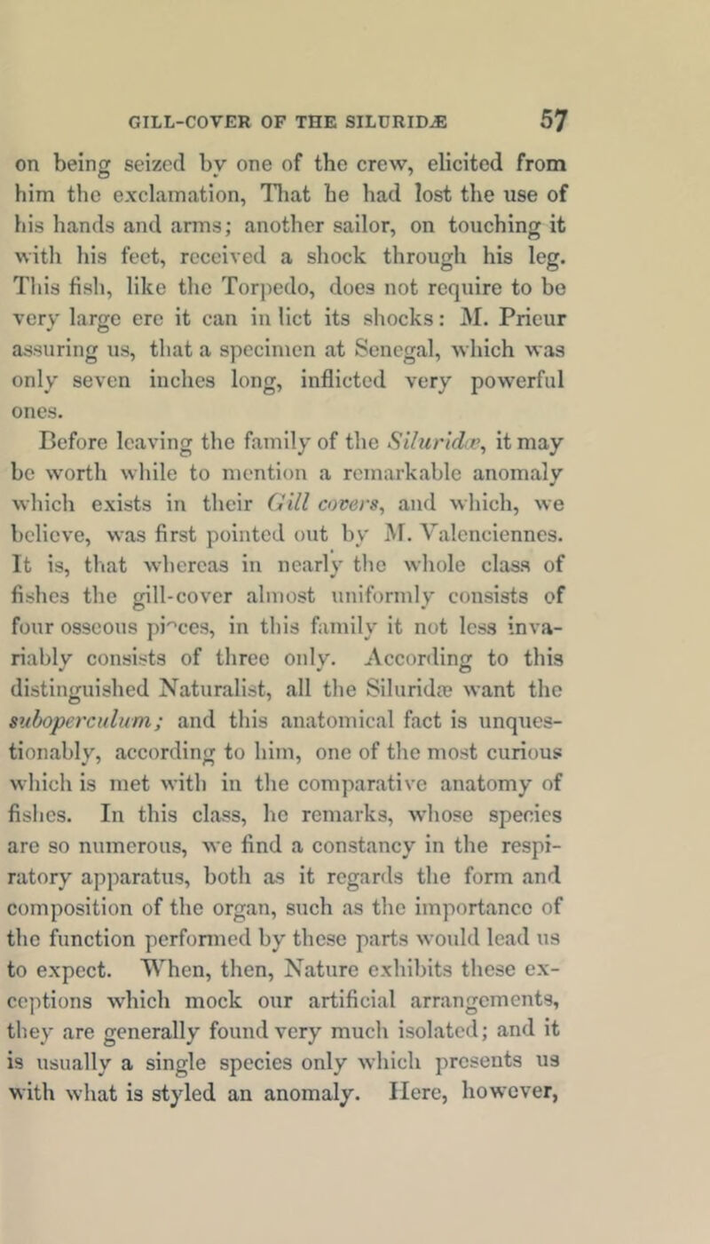 on being seized by one of the crew, elicited from him the exclamation, lliat be had lost the use of his hands and arms; another sailor, on touching it with his feet, received a shock through his leg. Tliis fisl), like the Torjiedo, does not require to bo very laro;e ere it can in lict its shocks: M. Prieur assuring us, that a specimen at Senegal, which was only seven inches long, inflicted very powerful ones. Before leaving the family of the Siluridir, it may he worth while to mention a remarkable anomaly wliich exists in their Gill covers, and which, we believe, was first pointed out by M. Valenciennes. It is, that whereas in nearly tlic wliole class of fishes the gill-cover almost uniformly consists of four osseous pi'^ces, in this family it not less inva- riably consists of three only. According to this distinguished Naturalist, all the Siluridee want the stiboperculum; and this anatomical fact is unques- tionably, according to him, one of the most curious which is met Avith in the comparative anatomy of fishes. In this class, he remarks, whose species are so numerous, we find a constancy in the respi- ratory apparatus, both as it regards the form and composition of the organ, such as the importance of the function perfonned by these parts would lead us to expect. When, then. Nature exhibits these ex- ceptions which mock our artificial arrangements, they are generally found very much isolated; and it is usually a single species only which presents us with what is styled an anomaly. Here, however,