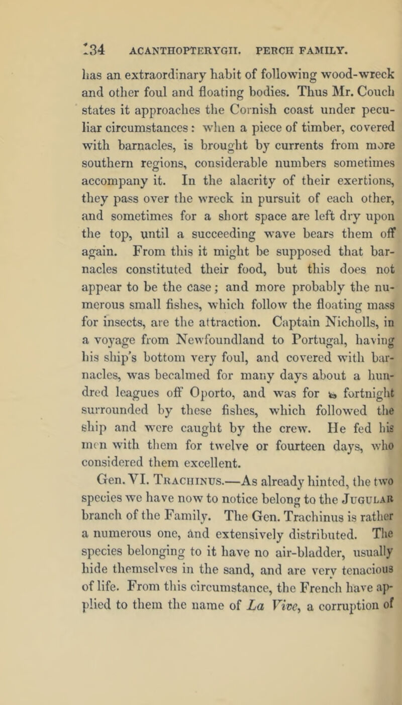 has an extraordinary habit of following wood-wreck and other foul and floating bodies. Thus Mr. Couch states it approaches the Cornish coast under pecu- liar circumstances: when a piece of timber, covered with barnacles, is brought by currents from more southern regions, considerable numbers sometimes accompany it. In the alacrity of their exertions, they pass over the wreck in pursuit of each other, and sometimes for a short space are left dry upon the top, until a succeeding wave bears them off again. From this it might be supposed that bar- nacles constituted their food, but this does not appear to be the case; and more probably the nu- merous small fishes, which follow the floating mass for insects, are the attraction. Captain Nicholls, in a V03’age from Newfoundland to Portugal, having his ship's bottom very foul, and covered with bar- nacles, was becalmed for many days about a hun- dred leagues off Oporto, and was for fortnight surrounded by these fishes, which followed tlie ship and were caught by the crew. He fed bis men with them for twelve or fourteen days, who considered them excellent. Gen. VI. Traciiinus.—As already hinted, the two species we have now to notice belong to the Jugular branch of the Famil3% The Gen. Trachinus is rather a numerous one, Rnd extensively distributed. The species belonging to it have no air-bladder, usually hide themselves in the sand, and are verv tenacious of life. From this circumstance, the French have aj)- plied to them the name of La Vive, a corruption of