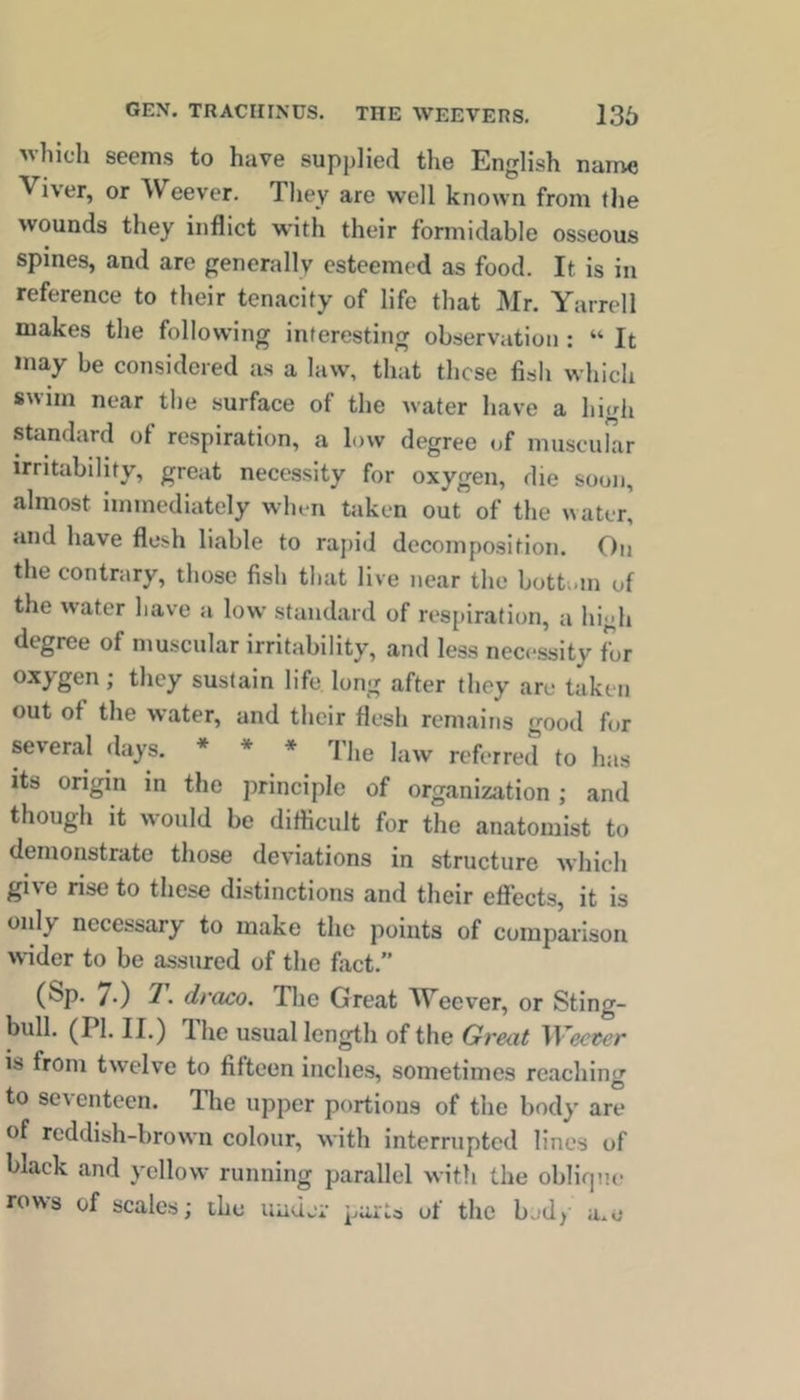 136 GEN. TRACIUNUS. THE WEEVERS. which seems to have supplied the English name Viver, or Weever, They are well known from the wounds they inflict with their formidable osseous spines, and are generally esteemed as food. It is in reference to their tenacity of life that Mr. Yarrell makes the following interesting observation : “ It may be considered as a law, that these fish which swim near the surface of the water have a hi<rh standard of respiration, a low degree of muscular irritability, great necessity for oxygen, die soon, almost immediately when taken out of the water, and have flesh liable to rapid decomposition. On the contrary, those fish that live near the bottom of the water have a low standard of respiration, a high degree of muscular irritability, and less necessity for oxygen; they sustain life long after they are taken out of the water, and their flesh remains good for several days. ♦ * * 'pjje referred to has its origin in the principle of organization ; and though it would be diflicult for the anatomist to demonstrate those deviations in structure which give rise to these distinctions and their effects, it is only necessary to make the points of comparison wider to be assured of the fact.” (Sp. 70 '1 • draco. The Great TTeever, or Sting- bull. (PI. II.) The usual length of the Great Weeter is from twelve to fifteen inches, sometimes reaching to seventeen. Ihe upper portions of the body are of reddish-brown colour, with interrupted lines of black and yellow running parallel with the oblifjne rows of scales; the under parts of the bed, a.e