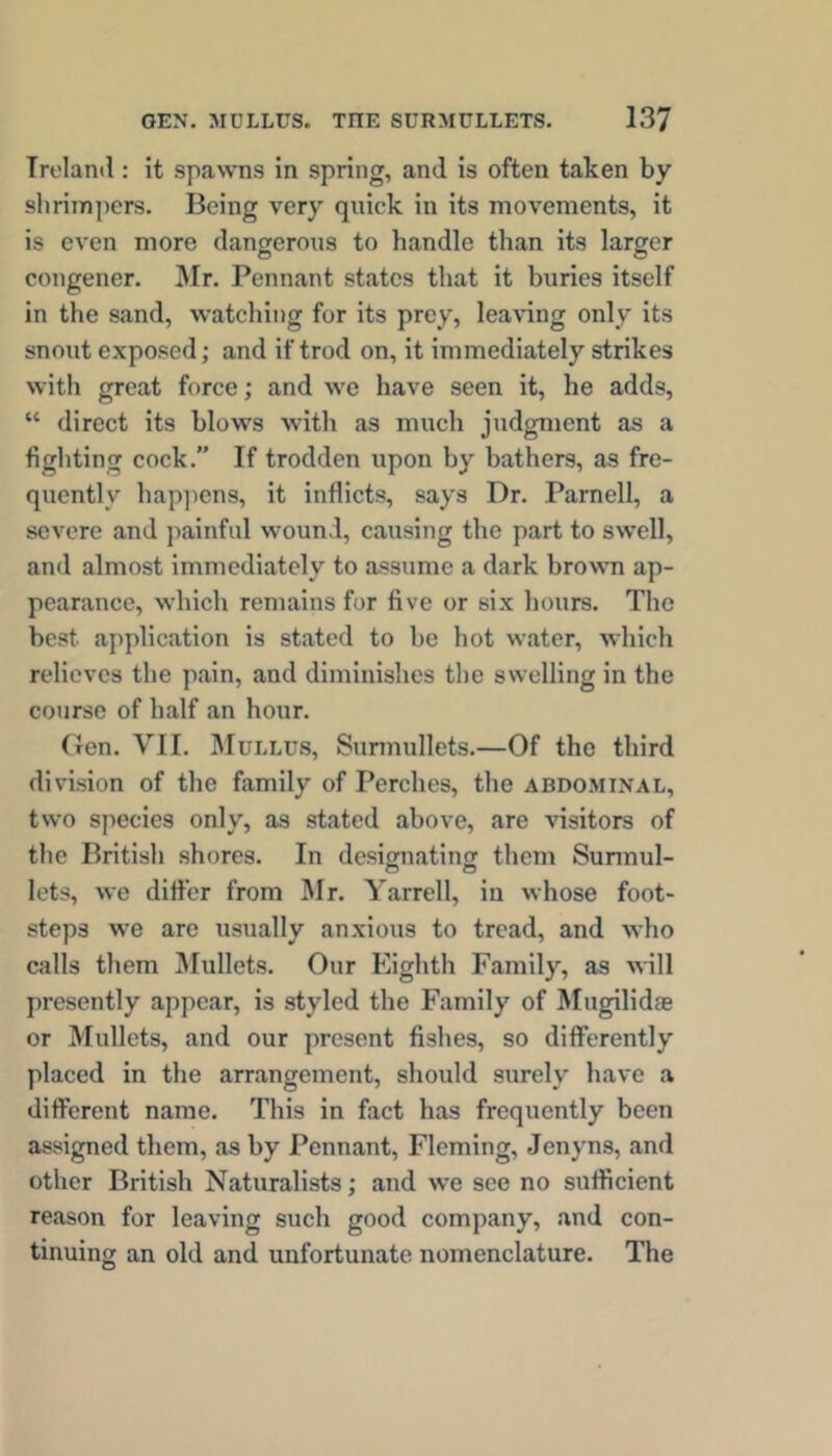 Trelantl: it spawns in spring, and is often taken by shrimpers. Being very quick in its movements, it is even more dangerous to handle than its larger congener. ]Mr. Pennant states that it buries itself in the sand, watching for its prey, leaving only its snout exposed; and if trod on, it immediately strikes with great force; and we have seen it, he adds, “ direct its blows with as much judgment as a fighting cock.” If trodden upon by bathers, as fre- quently hap])ens, it inflicts, says Dr. Parnell, a severe and ])ainful wound, causing the part to swell, and almost immediately to assume a dark brown ap- pearance, which remains for five or six hours. The best application is stated to be hot water, which relieves the pain, and diminishes the swelling in the course of half an hour. Gen. VII. IMullus, Sunnullets.—Of the third division of the family of Perches, the abdominal, two species only, as stated above, are visitors of the British shores. In designating them Sunnul- lets, we differ from Mr. Yarrell, in whose foot- steps we are usually anxious to tread, and who calls them IMullets. Our Eighth Family, as M-ill presently appear, is styled the Family of Mugilid® or Mullets, and our present fishes, so differently placed in the arrangement, should surely have a different name. This in fact has frequently been assigned them, as by Pennant, Fleming, Jenyns, and other British Naturalists; and we see no sufficient reason for leaving such good company, and con- tinuing an old and unfortunate nomenclature. The