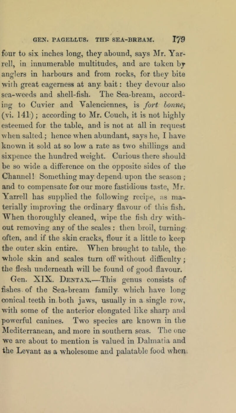 GEN. PAGELLUS. TUP SEA-BREAM. l'/9 four to six inches long, they abound, says IMr. Yar- rell, in innumerable multitudes, and are taken by anglers in harbours and from rocks, for they bite with great eagerness at any bait: they devour also sea-weeds and shell-fish. The Sea-bream, accord- ing to Cuvier and Valenciennes, is fort bonne, (vi. 141) ; according to Mr. Couch, it is not highly esteemed for the table, and is not at all in request when salted; hence when abundant, says he, I have known it sold at so low a rate as two shillings and sixpence the hundred weight. Curious there should be so w'ide a diiference on the opposite sides of the Channel! Something may depend upon the season ; and to compensate for our more fastidious taste, Mr. Yarrell has supplied the following recipe, as ma- terially improving the ordinary flavour of this fish. When thoroughly cleaned, wipe the fish dry with- out removing any of the scales : then broil, turning often, and if the skin cracks, flour it a little to keep the outer skin entire. When brought to table, the whole skin and scales turn ofl* without difirculty; the flesh underneath will be found of good flavour. Gen. XIX. Dentax.—This genus consists of fishes of the Sea-bream family which have long conical teeth in both jaws, usually in a single row, with some of the anterior elongated like sharp and powerful canines. Two species are known in the IMediterranean, and more in southern seas. The one we are about to mention is valued in Dalmatia and the Levant as a wholesome and palatable food when.